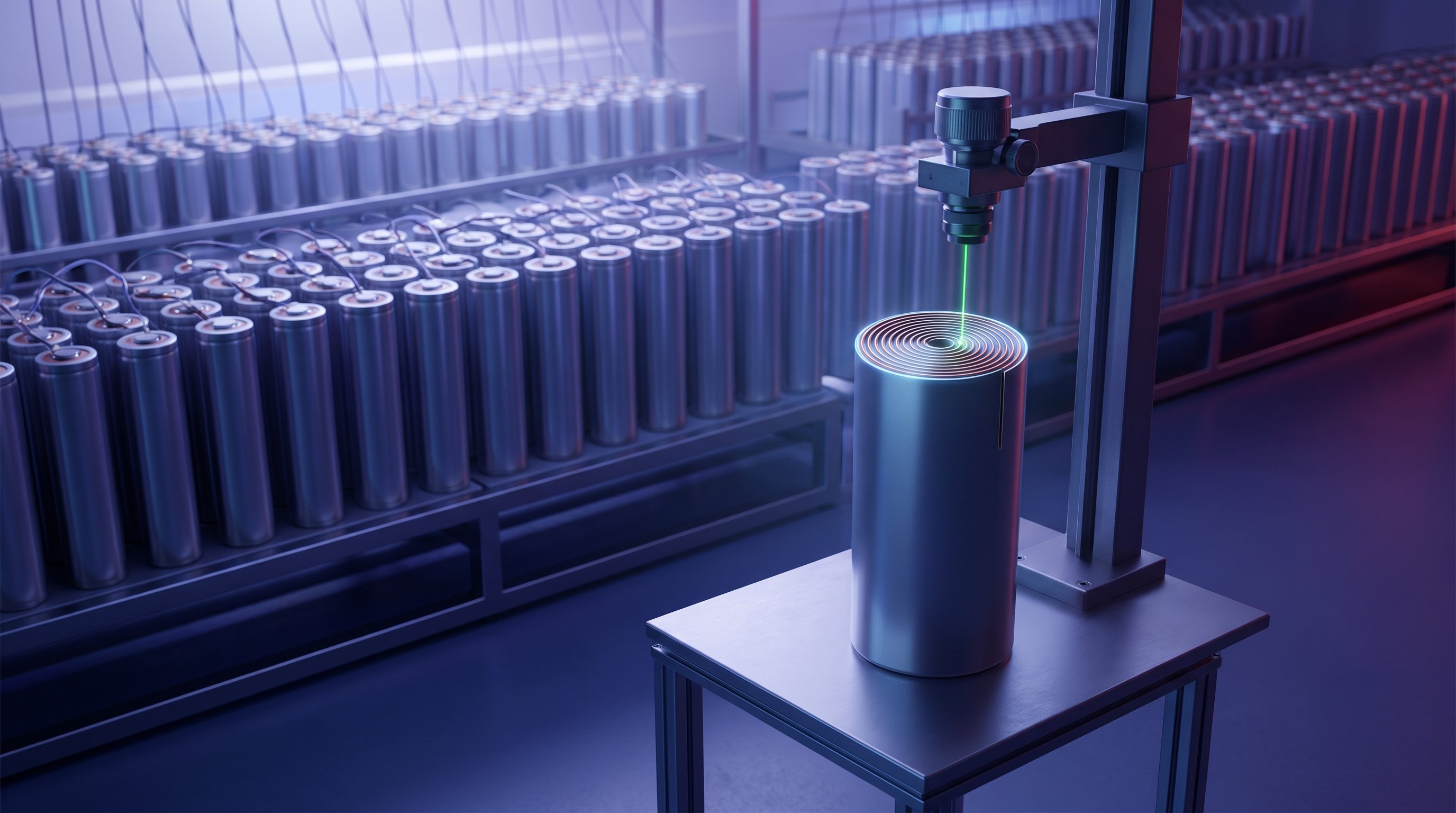 Een opengesneden cilindrische batterijcel op een metalen tafel, met bovenop de strak opgerolde koperkleurige lagen; een meetkop richt een groene laser op het midden. Daarachter rekken vol batterijcellen aan kabels.