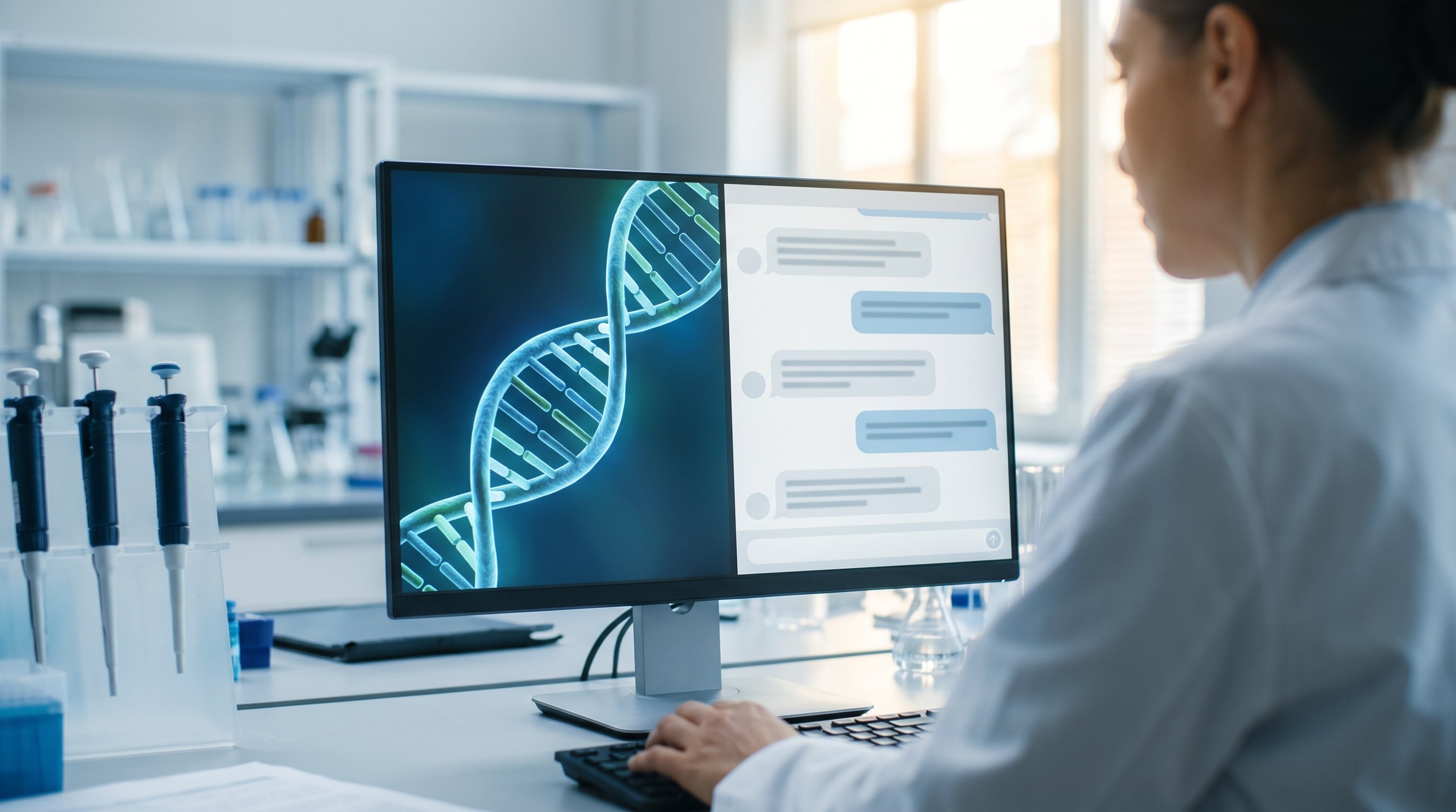 Een onderzoeker in een witte labjas werkt in een licht laboratorium aan een computer. Op het scherm staat links een DNA-dubbelhelix en rechts een chatvenster met tekstballonnen. Op de werkbank staan pipetten.