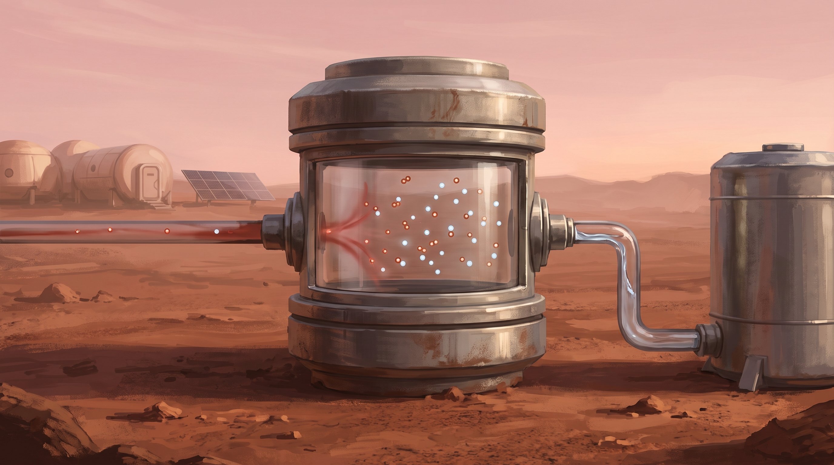 Metalen reactor met een glazen middenstuk op de rode Marsbodem. Links stroomt rode lucht via een buis naar binnen, waar oranje en witte puntjes zweven. Rechts loopt een buis naar een gesloten tank. Op de achtergrond koepelgebouwen en zonnepanelen.