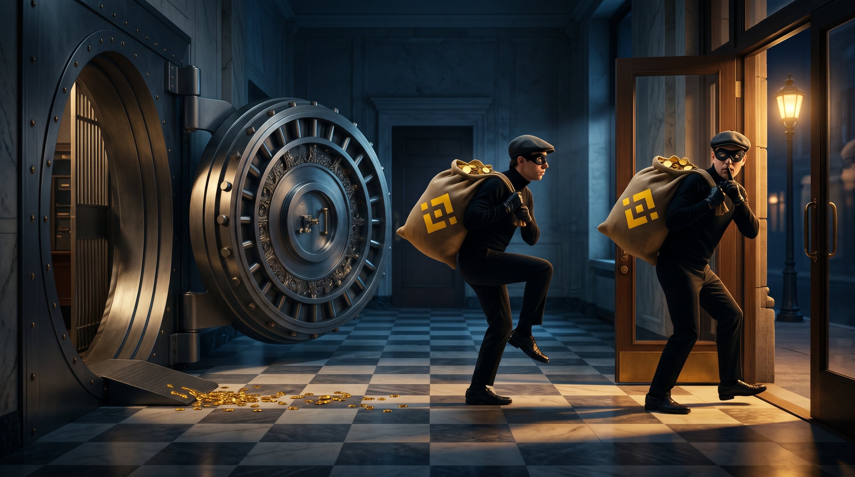 Twee gemaskerde inbrekers sluipen met juten zakken vol gouden munten met het Binance-logo van een open bankkluis naar de voordeur; de voorste kijkt om en gebaart stil te zijn.