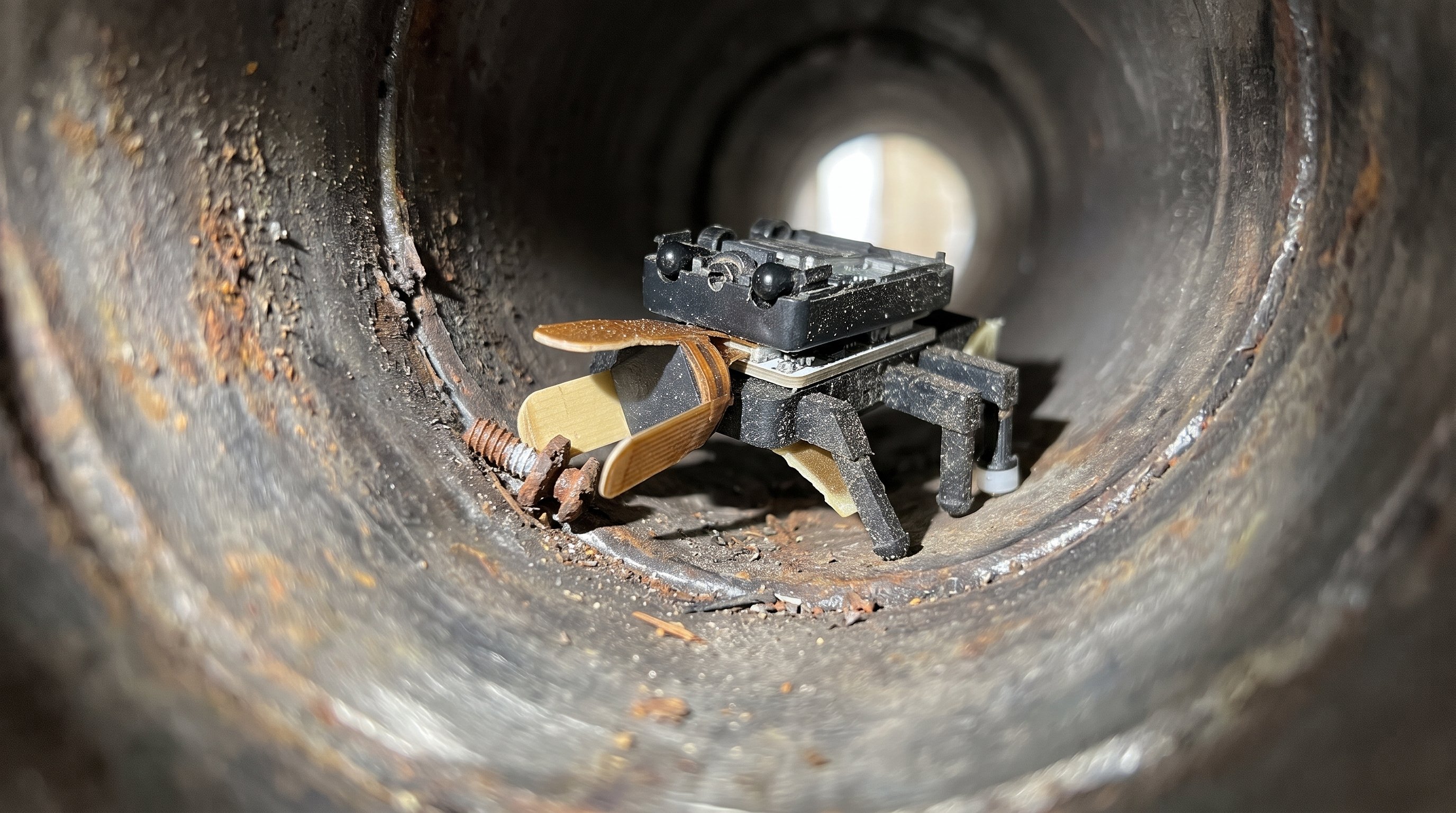 Kleine robot met zwart frame, zes poten en gele grijperkaken pakt een roestige bout in een smalle, verroeste metalen buis