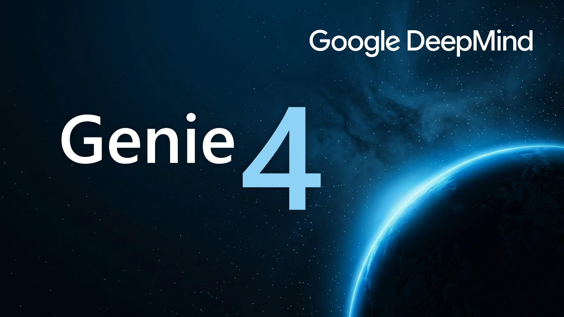 Titelkaart met de woorden Google DeepMind en Genie 4 op een donkere sterrenhemel, met rechtsonder een planeet met een paarse gloed langs de rand.