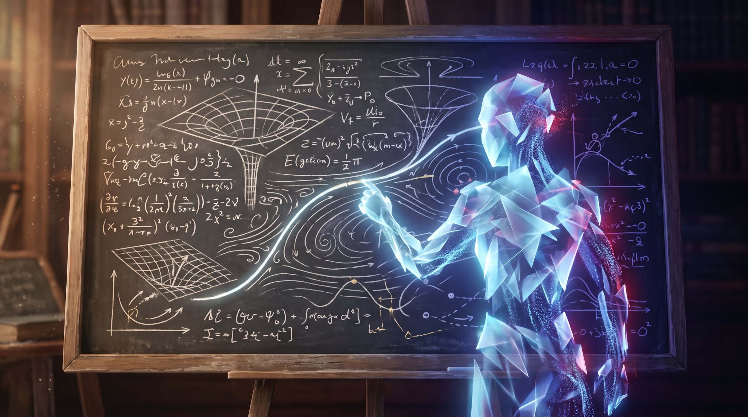Een groot schoolbord vol abstracte formules en schetsen van stromingen en gekromde ruimte, met ervoor een gloeiende geometrische lichtvorm die een heldere lijn door de berekeningen trekt.