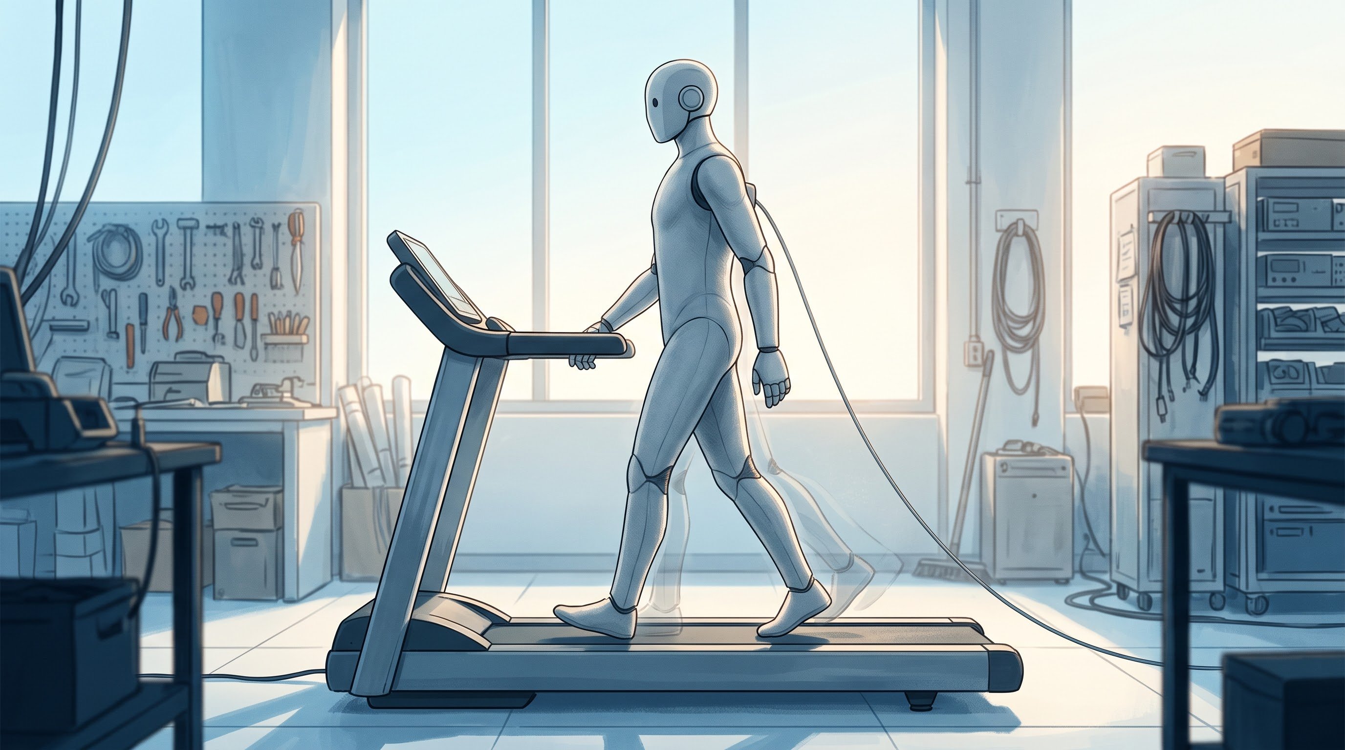 Een grijze mensachtige robot loopt op een loopband in een lichte werkplaats met grote ramen. Een kabel loopt van zijn rug naar de vloer en vage sporen achter zijn benen tonen de beweging. Op de achtergrond hangen gereedschap en kabels.