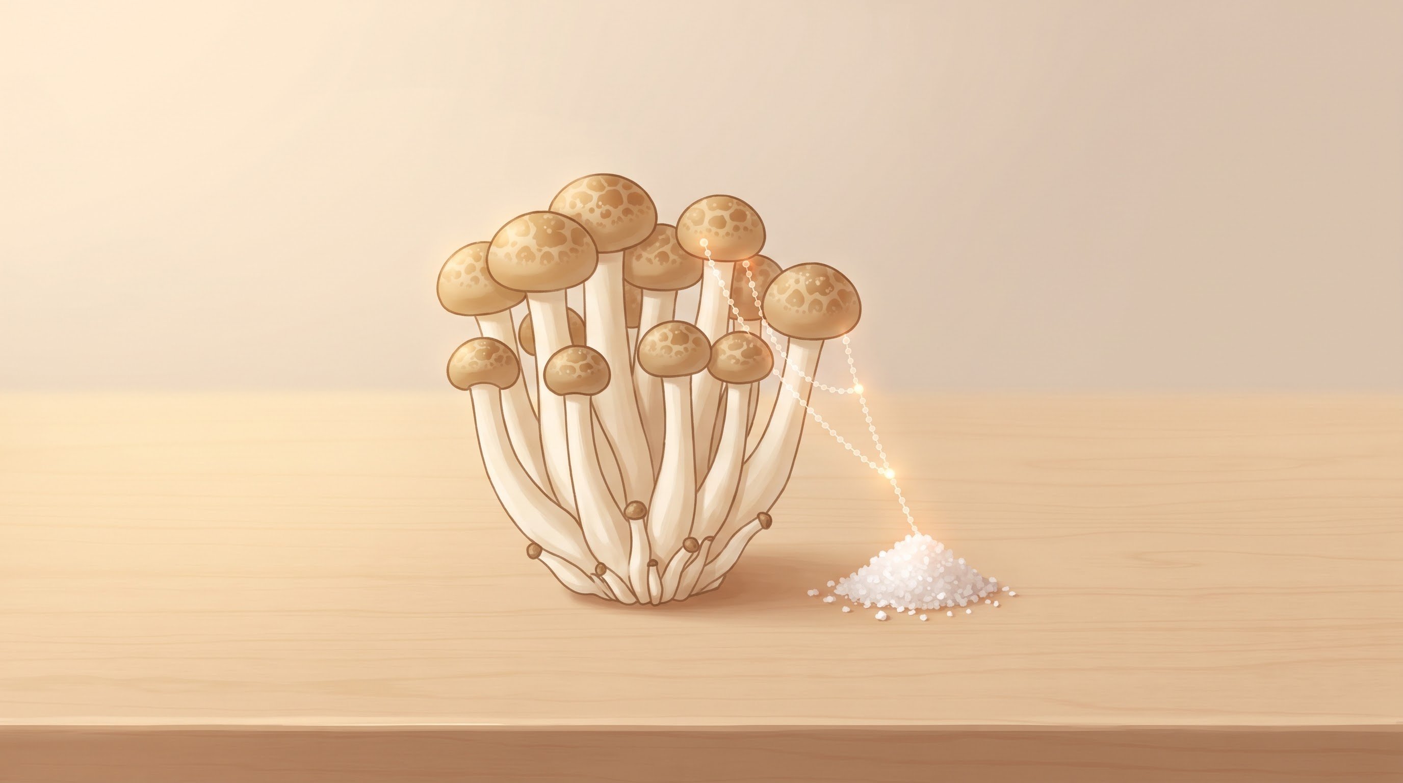 Een bosje beukenzwammen met lichtbruine, gemarmerde hoedjes en lange witte steeltjes op een houten tafel. Dunne, zacht oplichtende kralenkettinkjes lopen van de hoedjes naar een hoopje grof zout ernaast.