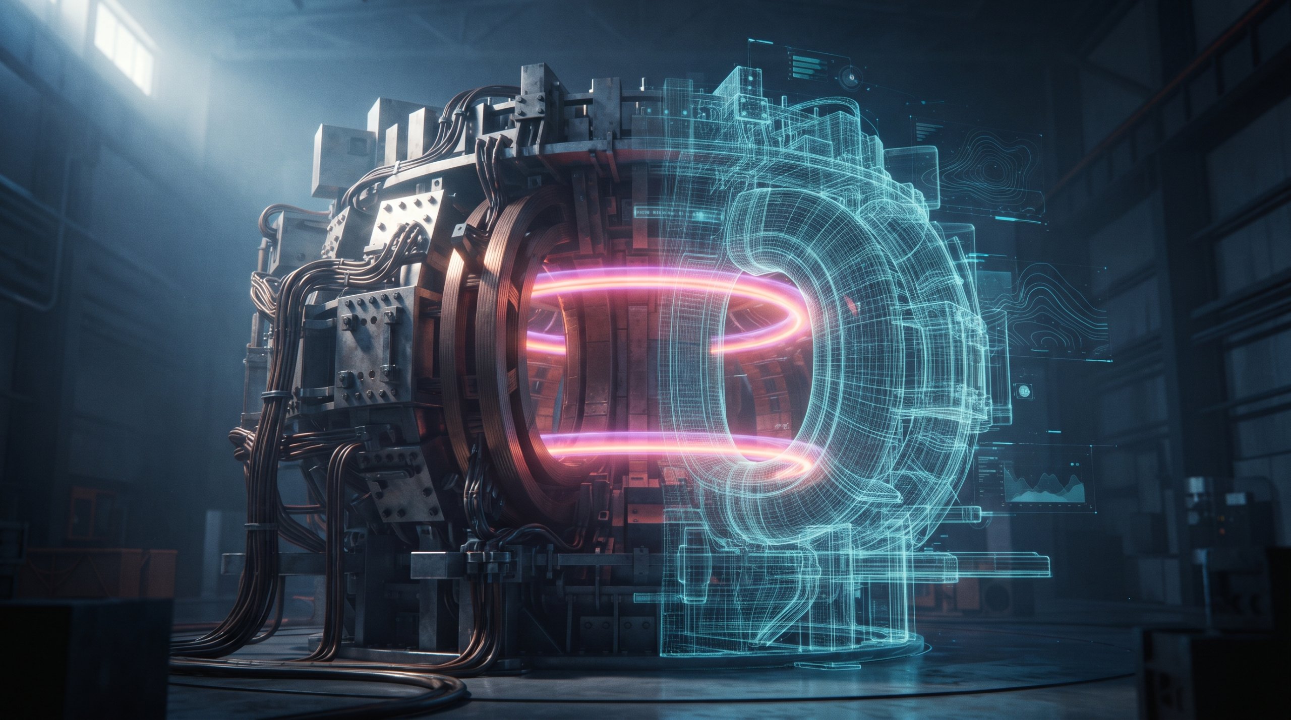 Een tokamak-fusiereactor, half als echte machine en half als lichtgevend digitaal draadmodel, met daarin een gloeiende ring van plasma