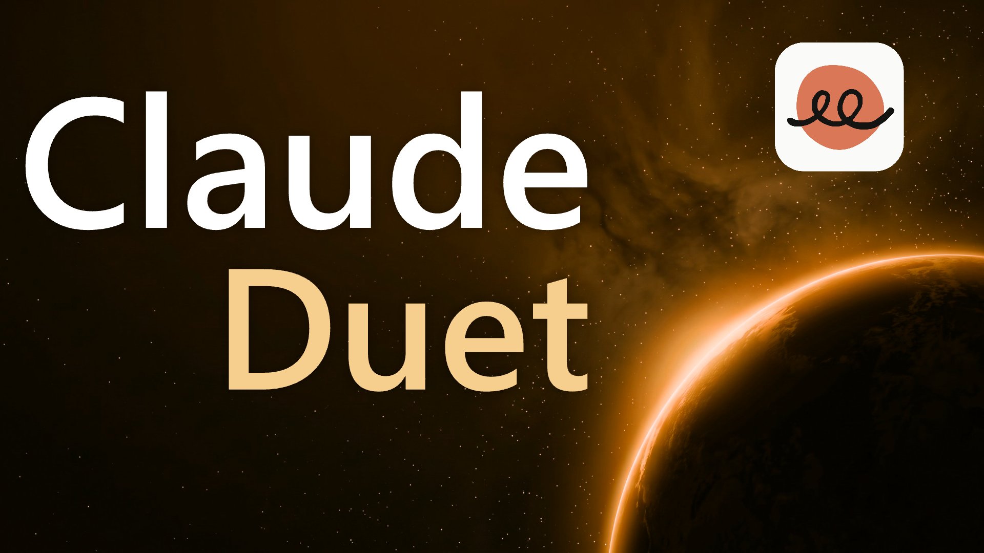 De woorden Claude Duet in witte en lichtoranje letters naast het app-icoon, een oranje cirkel met een zwarte krul, tegen een sterrenhemel met een planeet waarvan de rand oranje oplicht.