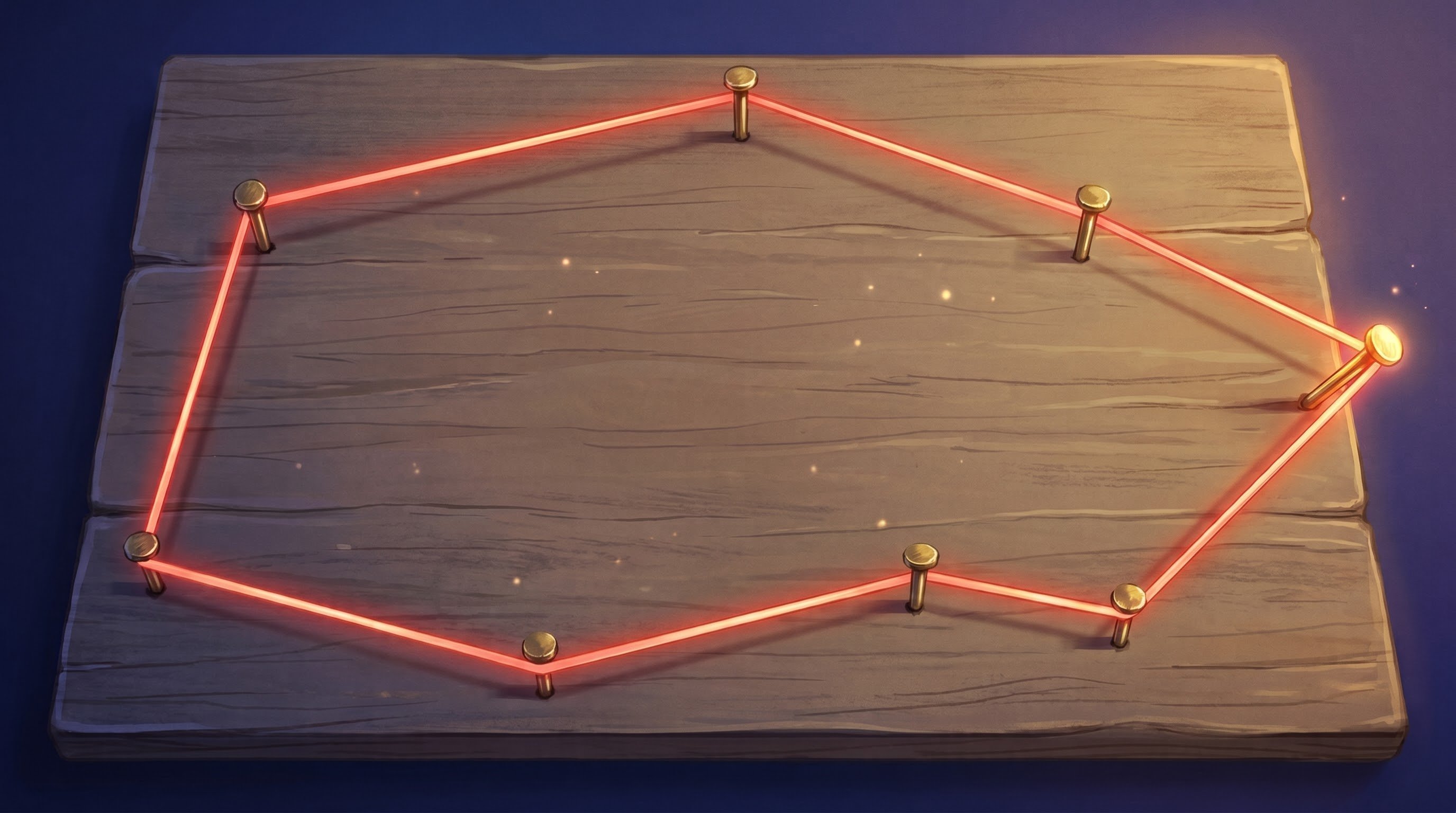Houten plank met acht koperen spijkers en een strak, rood gloeiend elastiek eromheen in een hoekige vorm. Binnenin zweven kleine lichtpuntjes; de spijker rechts licht fel op en trekt het elastiek naar een punt.