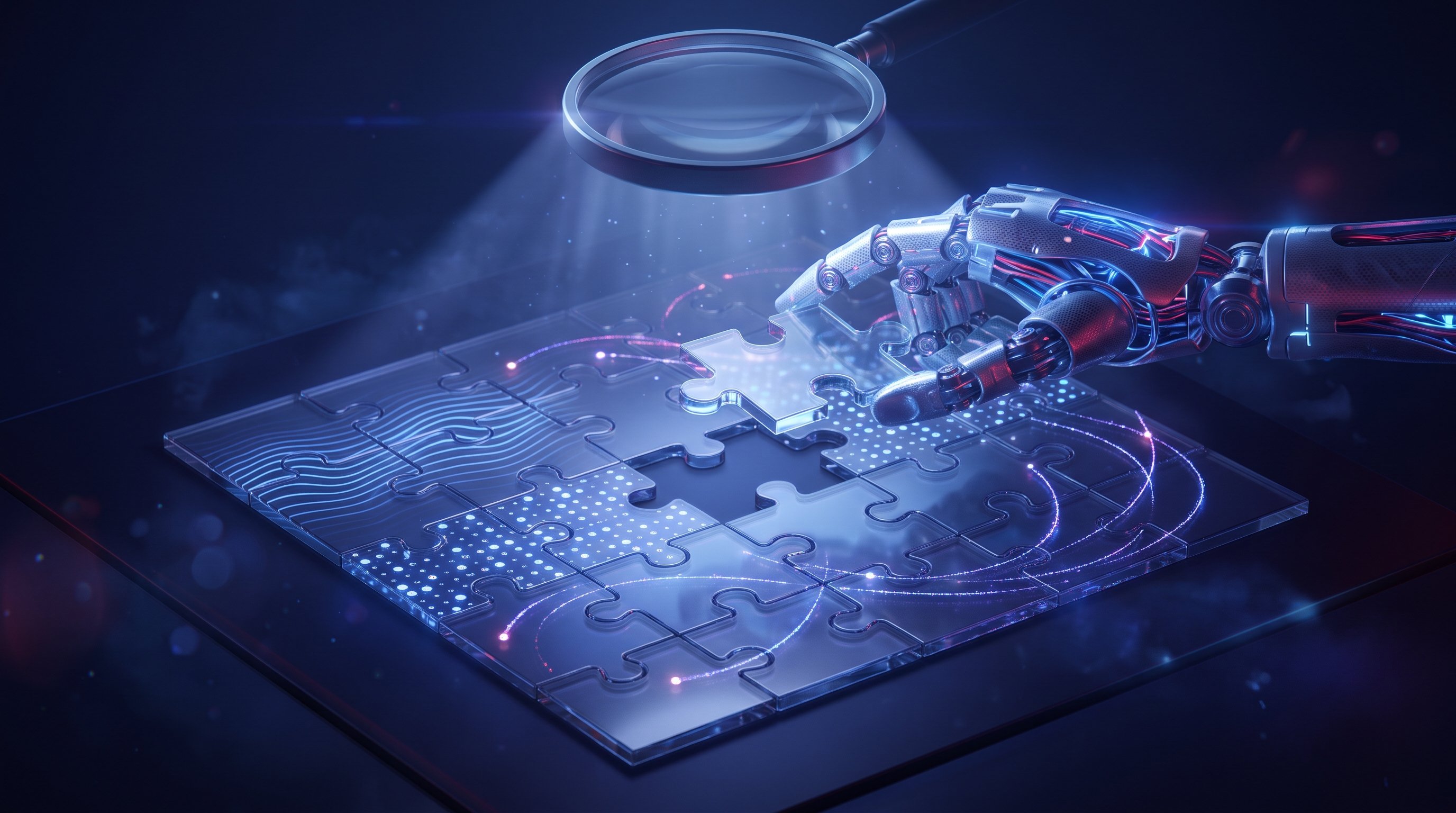 Een robotische hand legt een oplichtend, glazen puzzelstuk op zijn plek in een vierkant paneel met printplaatpatronen, onder een futuristische projectorlens.