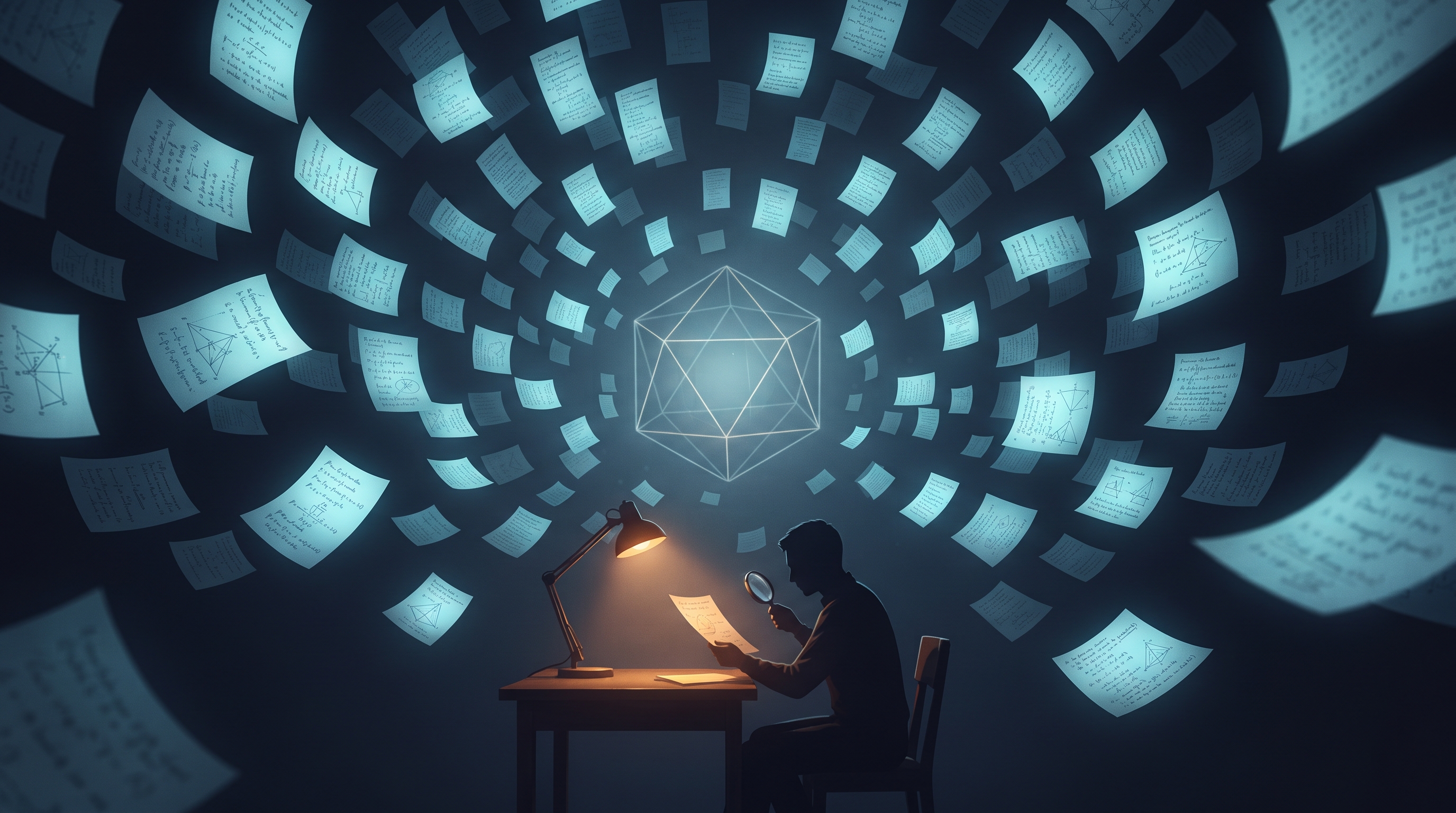 Een man aan een bureau met een lamp bestudeert met een vergrootglas één vel papier, terwijl honderden zwevende pagina's met formules uit een lichtgevend veelvlak stromen