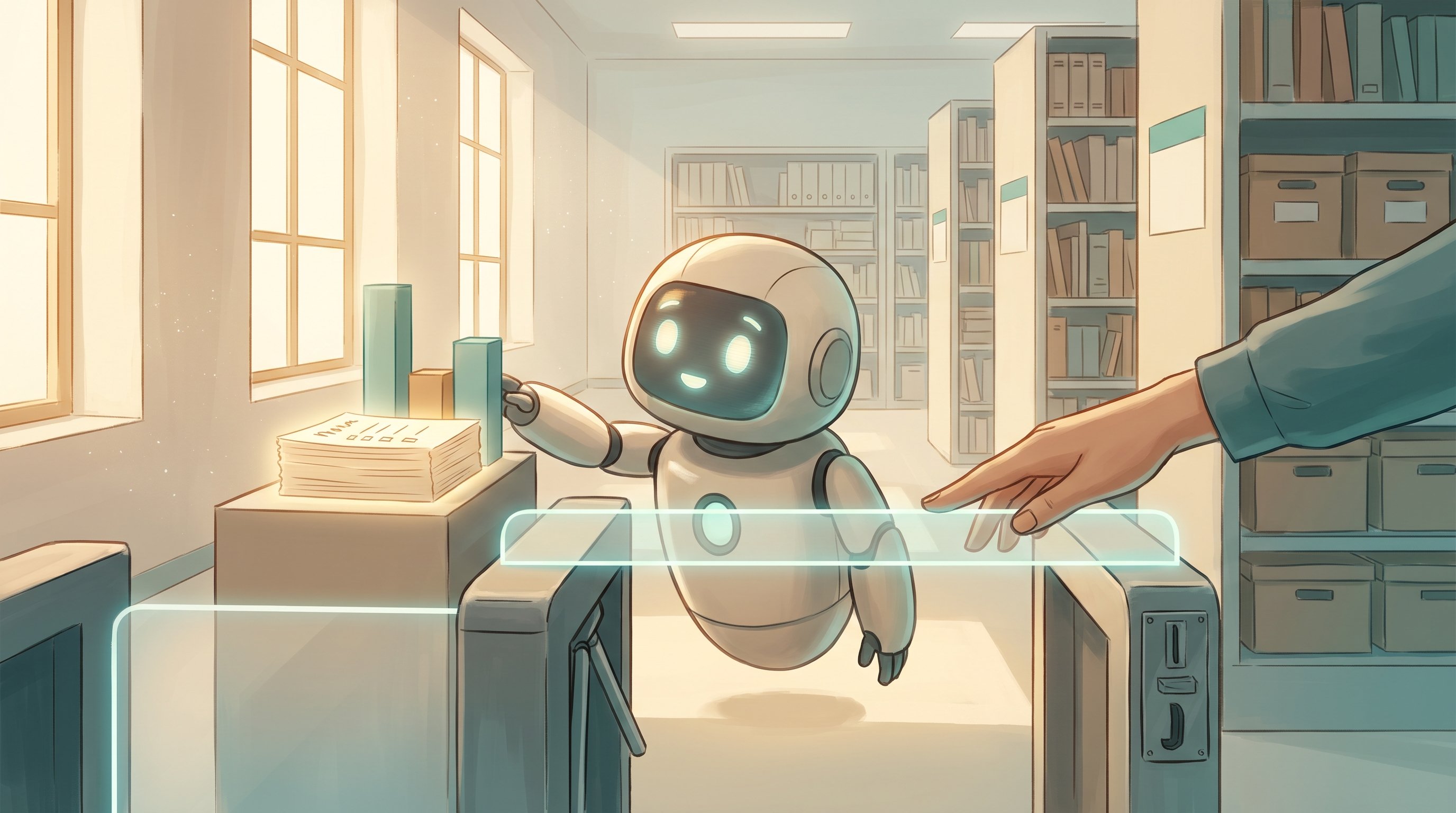 Een vriendelijke ronde robot staat tussen de palen van een tolpoortje met muntgleuf in een lichte archiefzaal en reikt naar een stapel tellijsten en staafjes. Een mensenhand wijst naar een lichtgevende balk die een grens markeert.