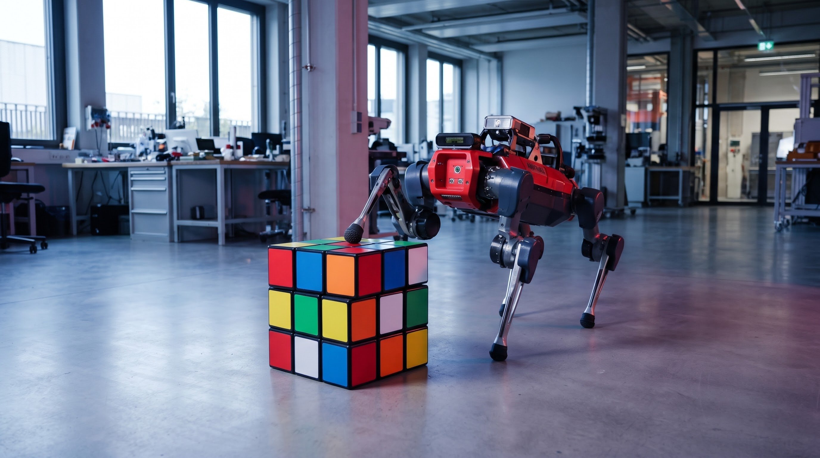 Grijze vierpotige robot in een lab zet één voorpoot boven op een grote, half gedraaide puzzelkubus met gekleurde vakjes; de andere drie poten staan op de betonvloer.