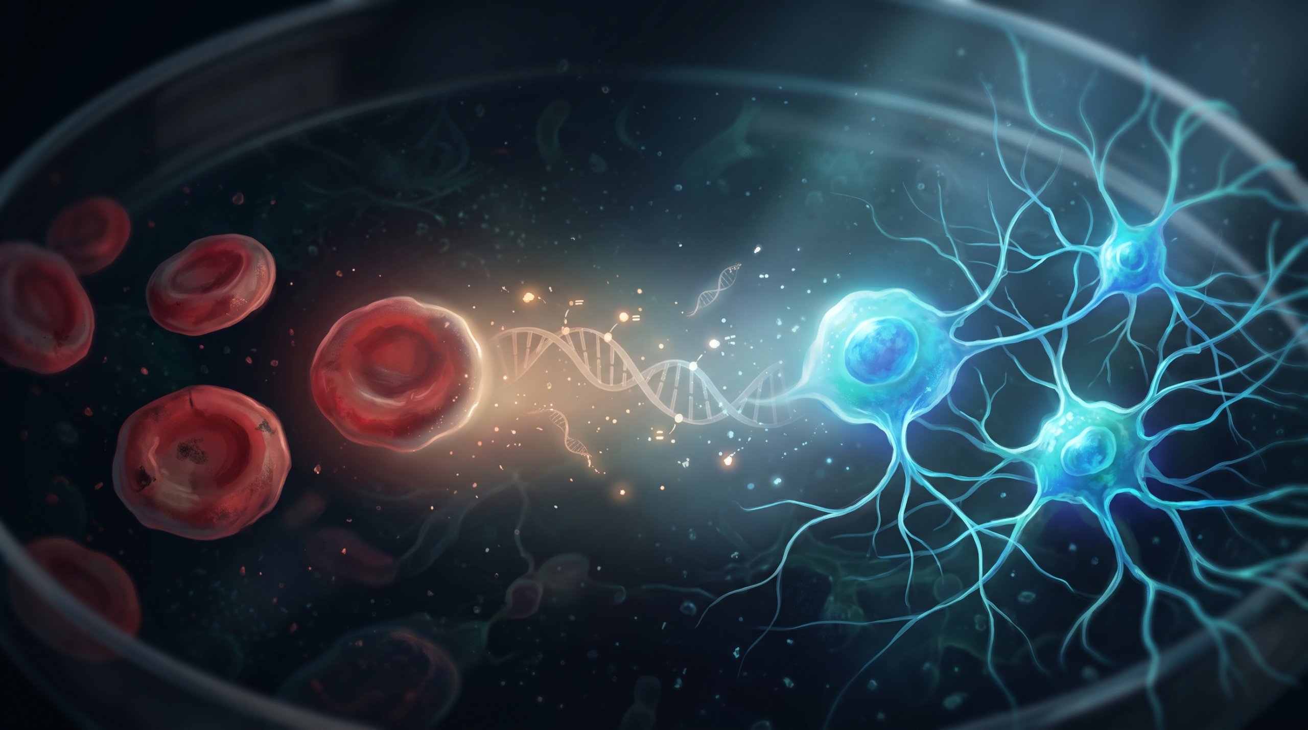 In een petrischaal gaan bruinrode, verouderde bloedcellen links via een DNA-streng met gekleurde markeringen over in heldere, blauwe neurale cellen met vertakkingen rechts