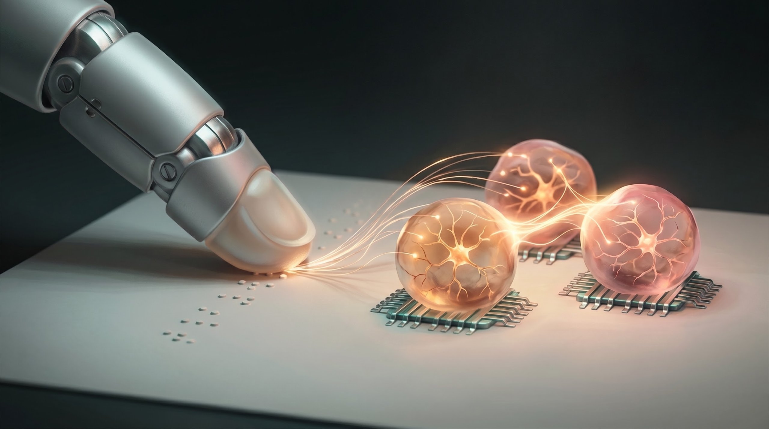 Een zilveren robotvinger met een zacht, lichtgekleurd kussentje als top tast over braillestipjes. Vanaf de vingertop lopen gloeiende lichtdraden naar drie doorschijnende bolletjes hersenweefsel, elk op een rooster van elektroden.