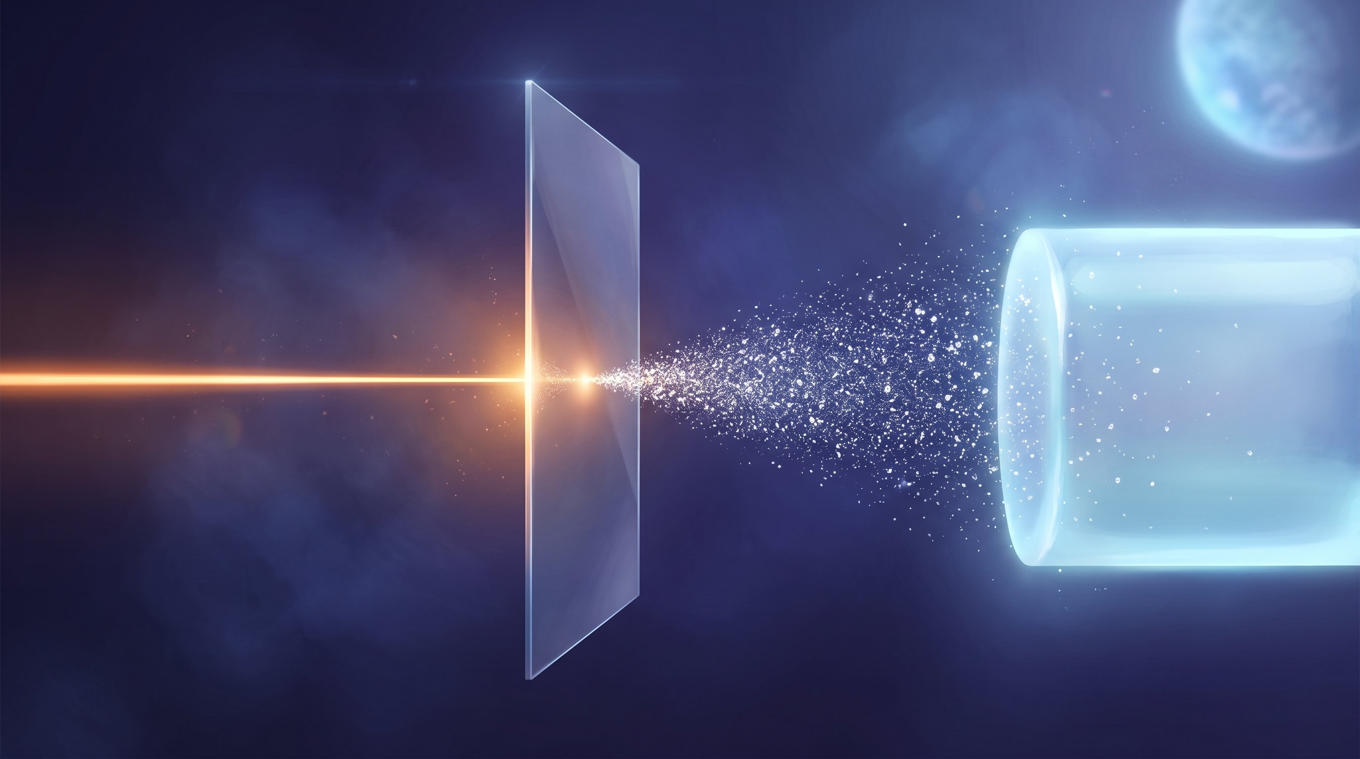 Een oranje laserstraal raakt een rechtopstaande doorzichtige plaat. Aan de achterkant spuit een wolk van kleine, oplichtende deeltjes richting een glazen cilinder tegen een donkerblauwe achtergrond.