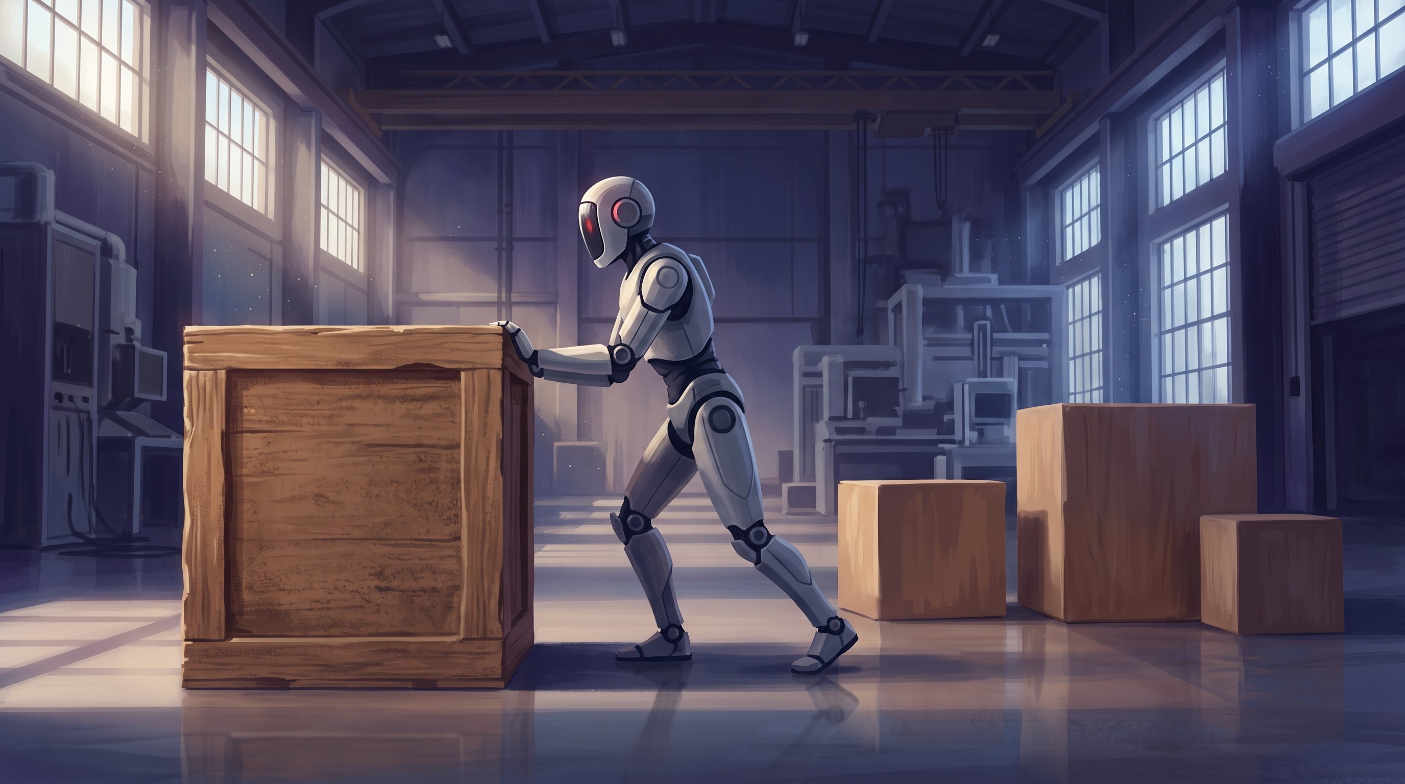 Een grijs-witte mensachtige robot met donker vizier leunt voorover en duwt met gebogen knieën een grote houten kist over de vloer van een lichte fabriekshal. Rechts staan drie bruine kisten.