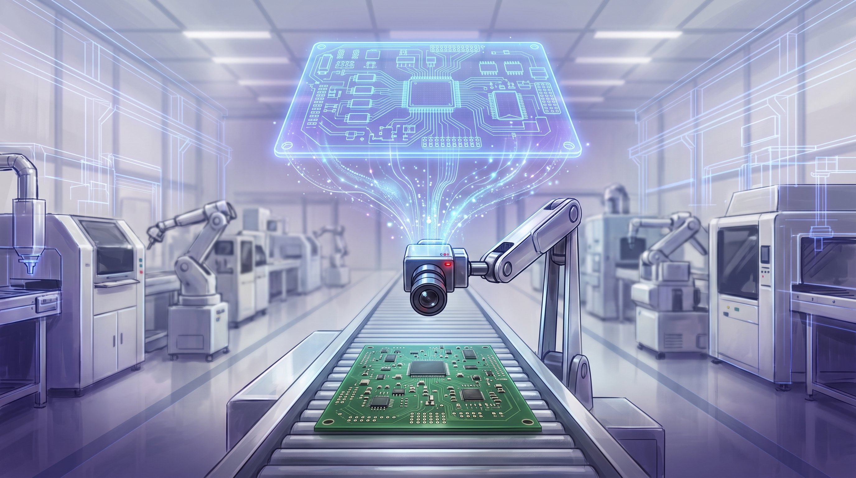 Een groene printplaat ligt op een lopende band in een lichte fabriekshal onder een camera aan een robotarm. Erboven zweeft een blauw oplichtende kopie van de printplaat, waaruit lichtstralen naar de camera stromen. Opzij staan machines en robotarmen.