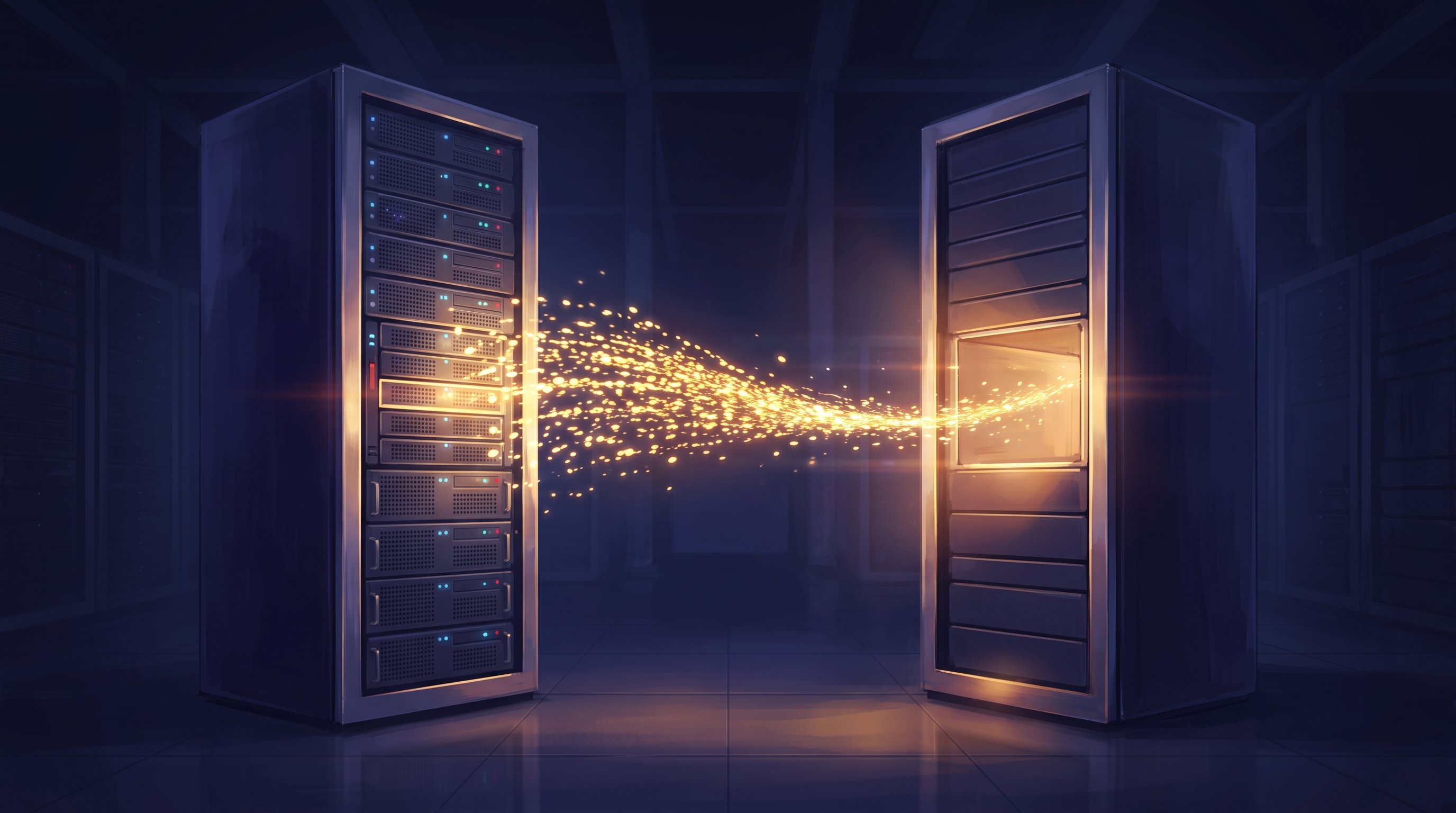 Twee serverkasten tegenover elkaar in een donkere datahal; een stroom gouden lichtdeeltjes gaat van de linkerkast naar een verlicht, leeg vak dat in de rechterkast al openstaat.