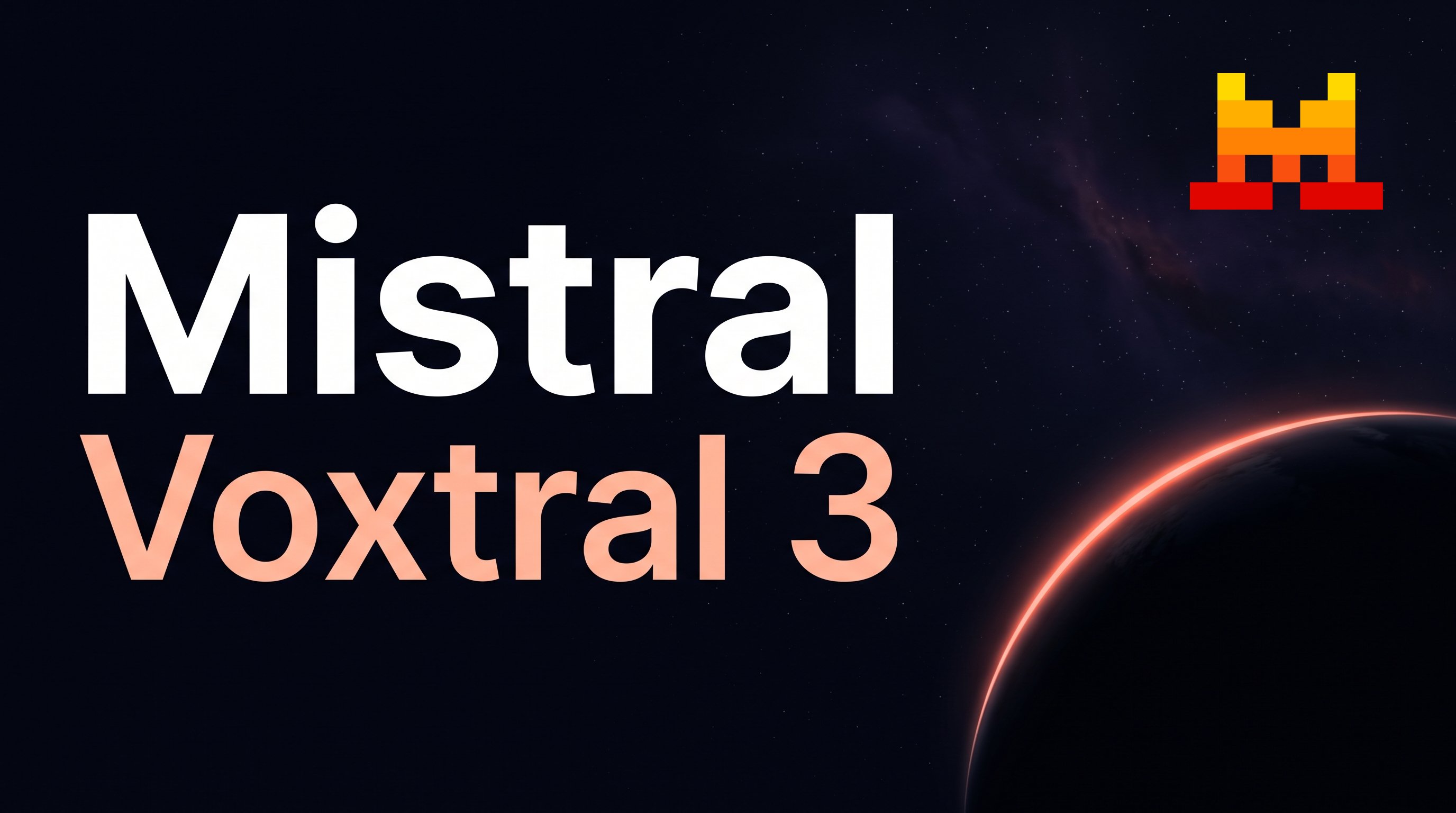 Titelkaart met in grote witte letters 'Mistral' en daaronder in zacht oranje 'Voxtral 3', tegen een donkere sterrenhemel met rechtsonder een planeet met een oranje gloeiende rand en rechtsboven het logo van Mistral AI.