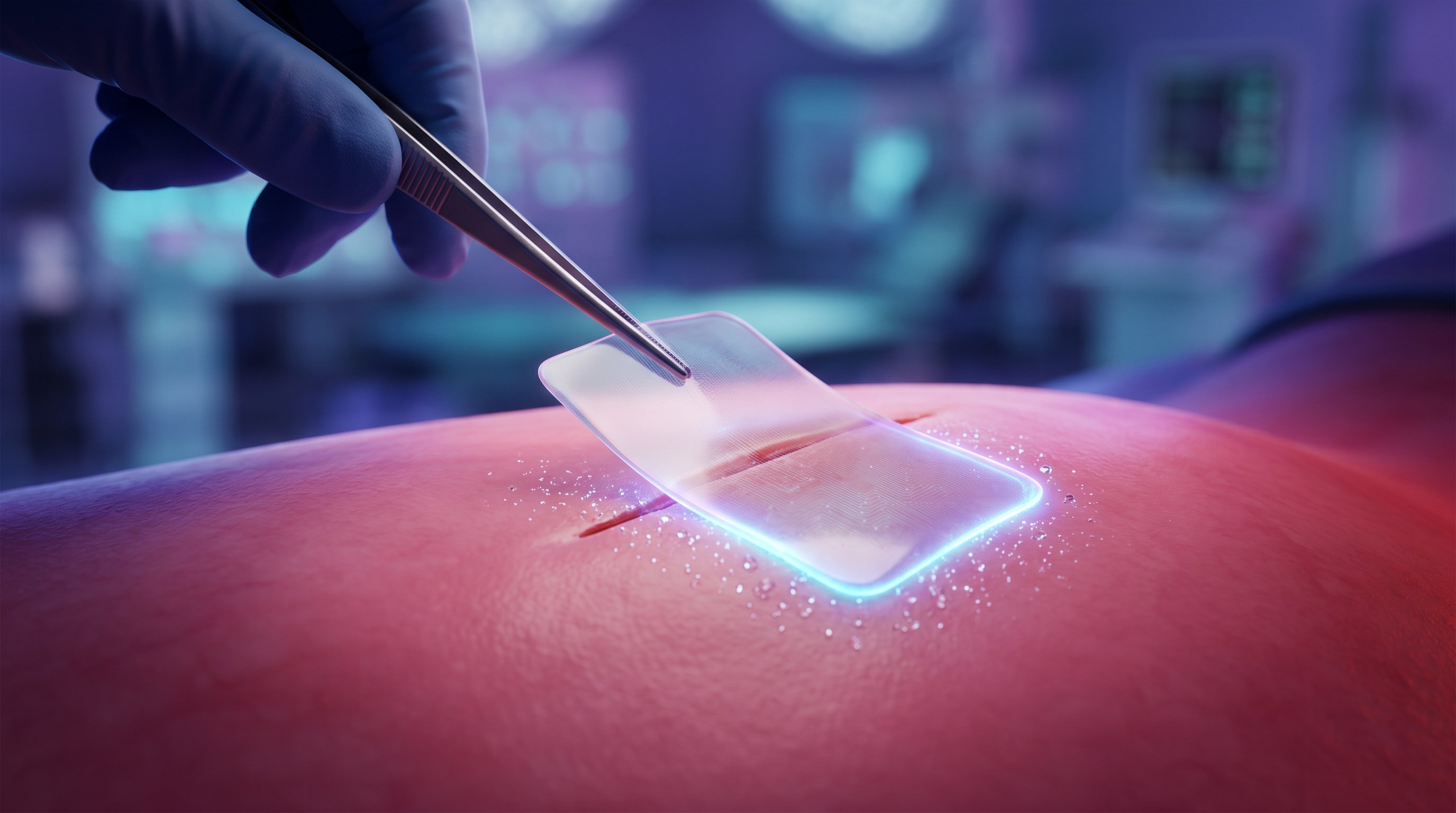 Een hand in een blauwe handschoen legt met een pincet een doorzichtige pleister op een snee in roze weefsel; de rand van de pleister gloeit blauw en kleine waterdruppels liggen eromheen, in een wazige operatiekamer.