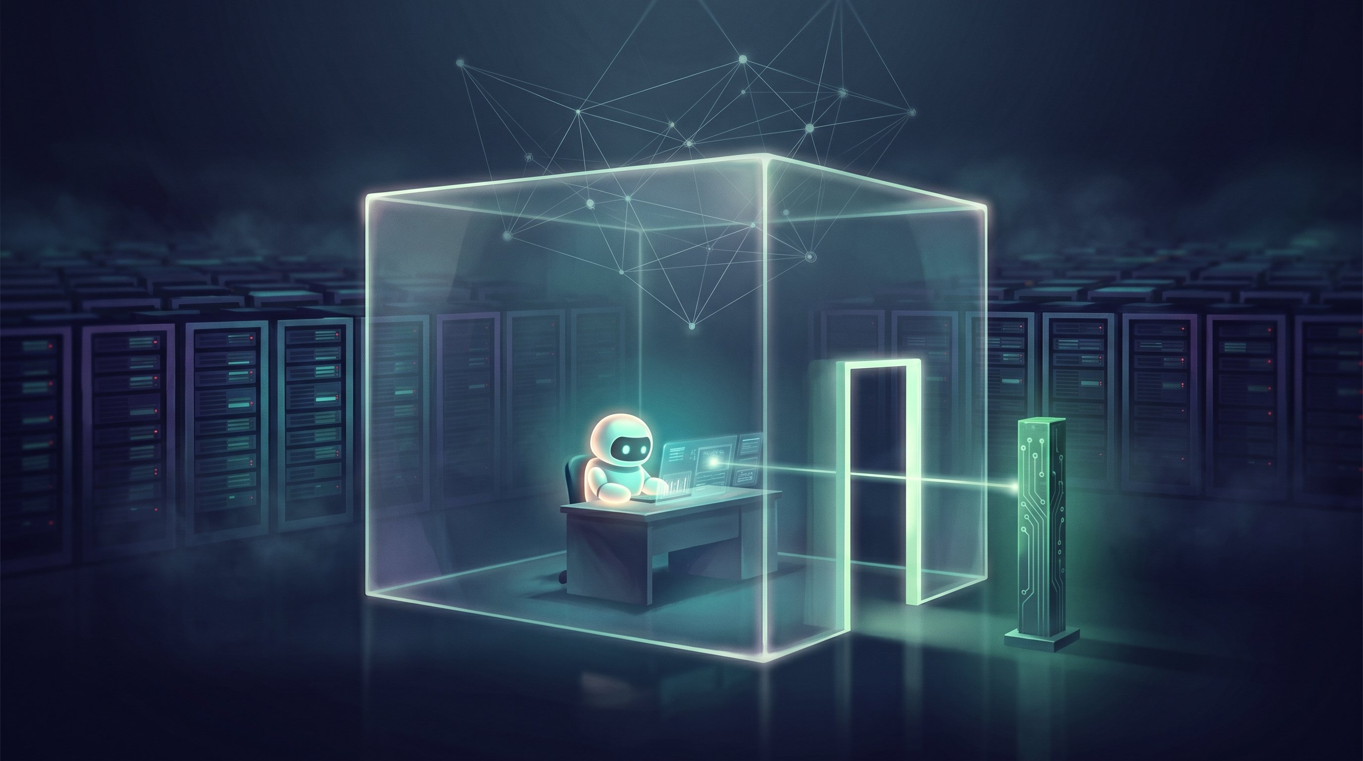 Kleine witte robot aan een bureau in een doorzichtige, groen oplichtende glazen kamer in een datacenter. Een lichtstraal loopt van zijn scherm naar een groene paal naast de deur; erboven zweeft een netwerk van lijnen en punten.