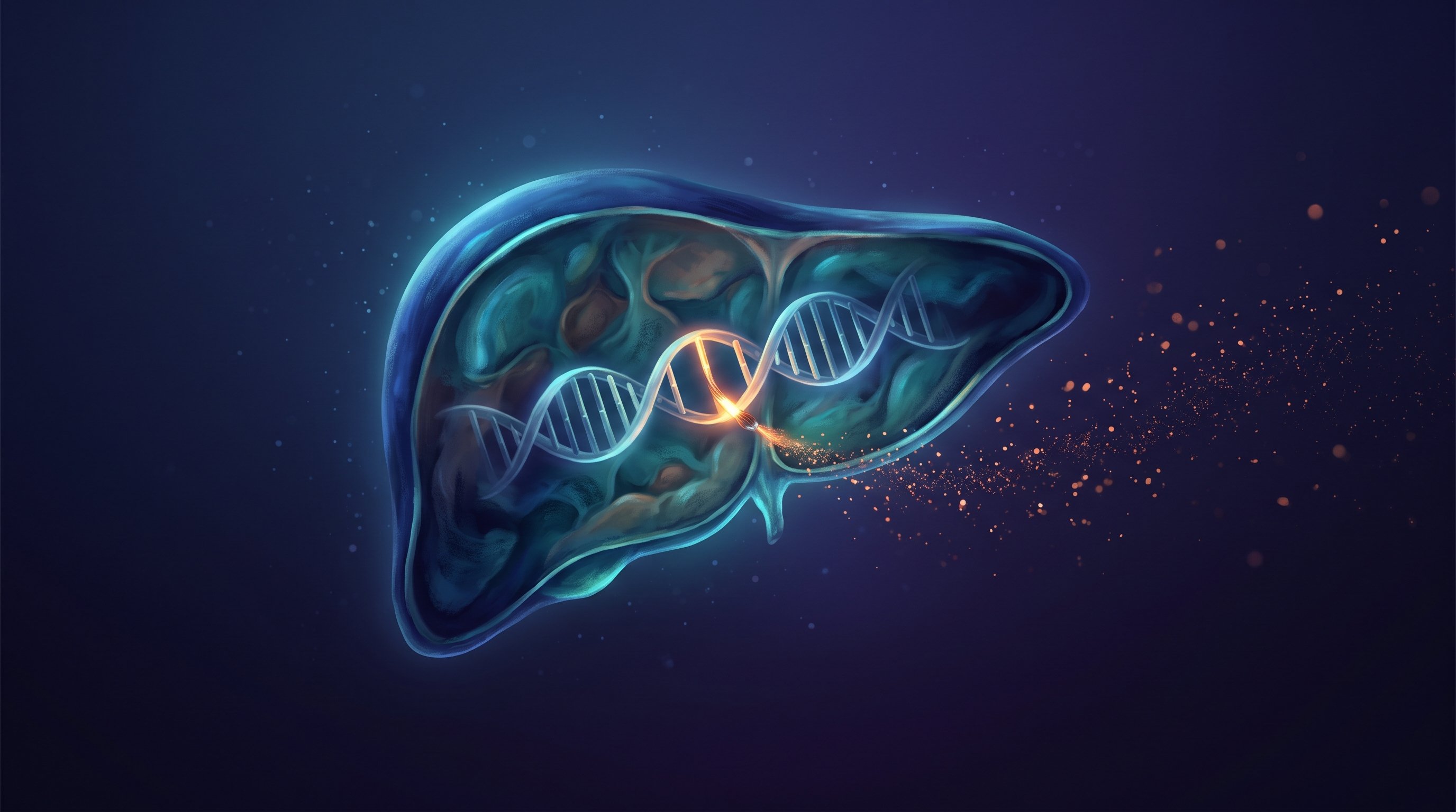 Een blauw oplichtende lever tegen een donkere achtergrond. Binnenin is een DNA-streng te zien met een oplichtend goudkleurig deel en fonkelende deeltjes.