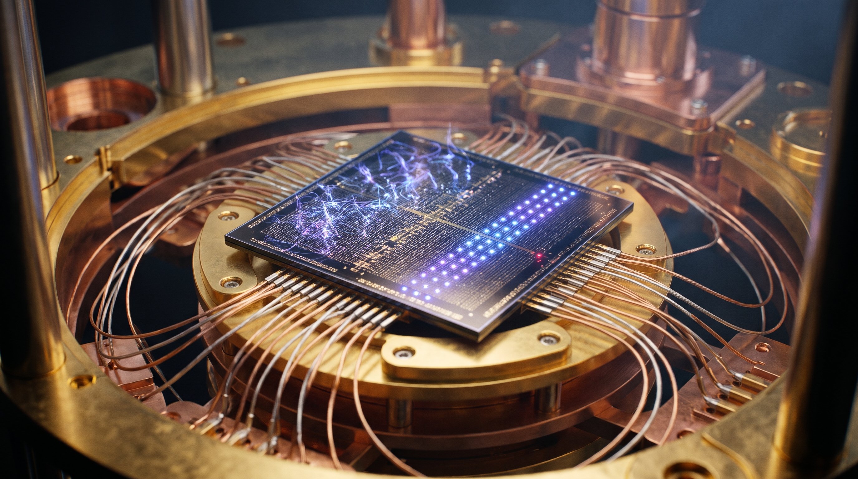 Quantumchip in een goudkleurige koelopstelling met koperen kabels; links op de chip warrelen paarse lichtsliertjes, rechts staan oplichtende puntjes in nette rijen.