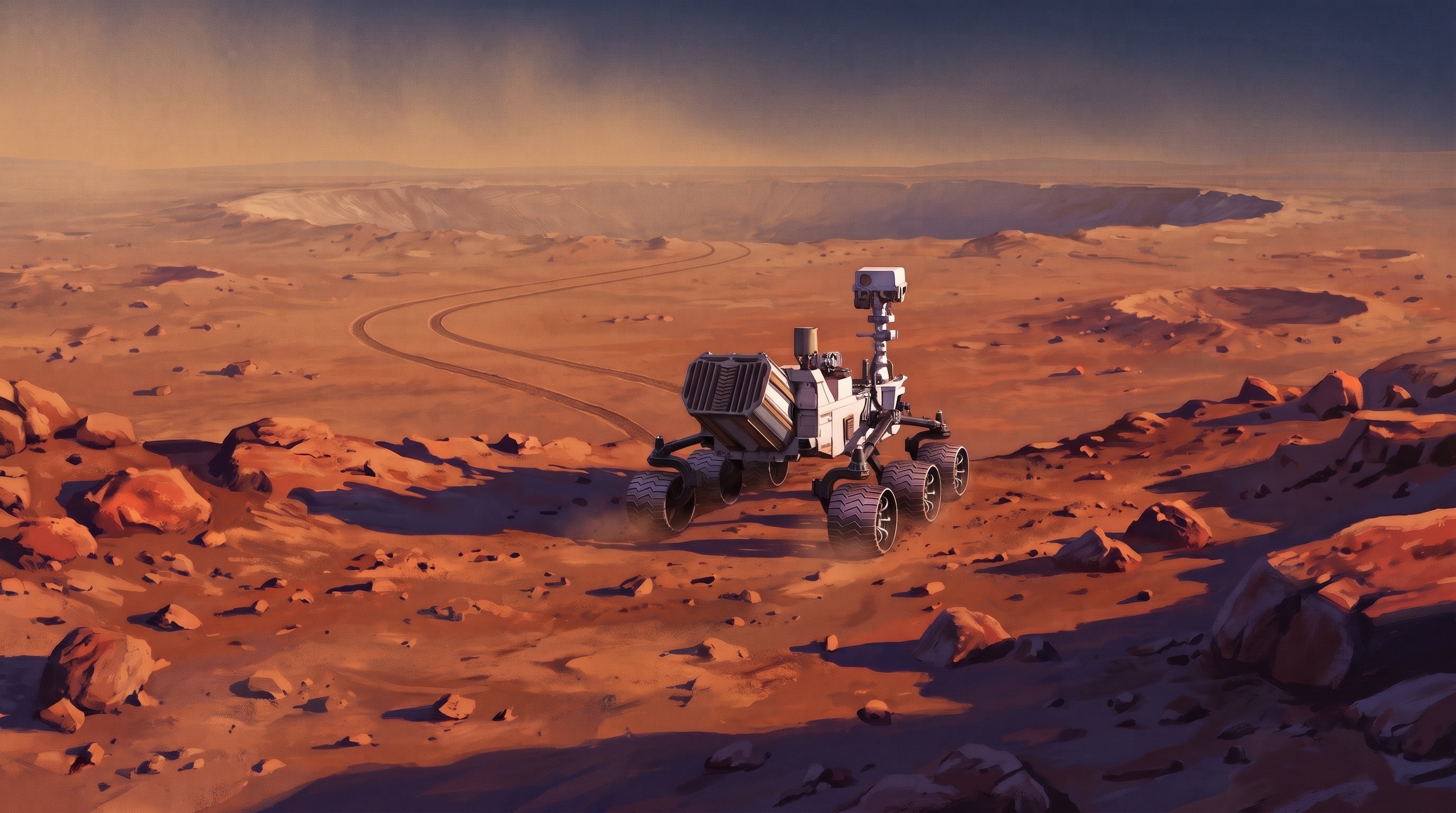 Een zeswielige Marsrover met een hoge cameramast rijdt over rotsachtige oranje grond; achter hem kronkelt zijn wielspoor terug naar een grote krater in de verte.