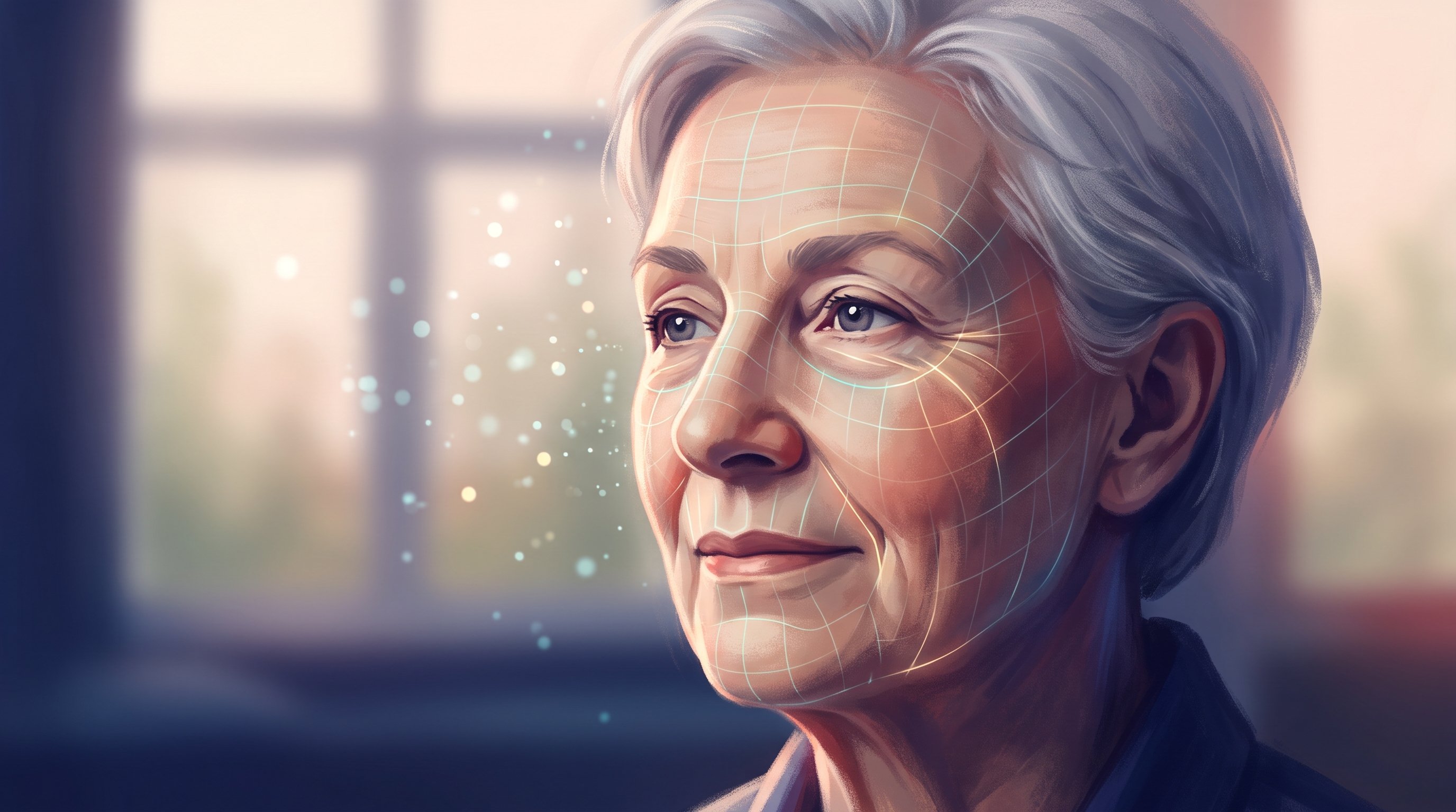 Geschilderd portret van een glimlachende oudere vrouw met grijs haar. Over haar gezicht loopt een fijn lichtgevend raster, naast haar zweven lichtpuntjes; op de achtergrond een wazig raam.