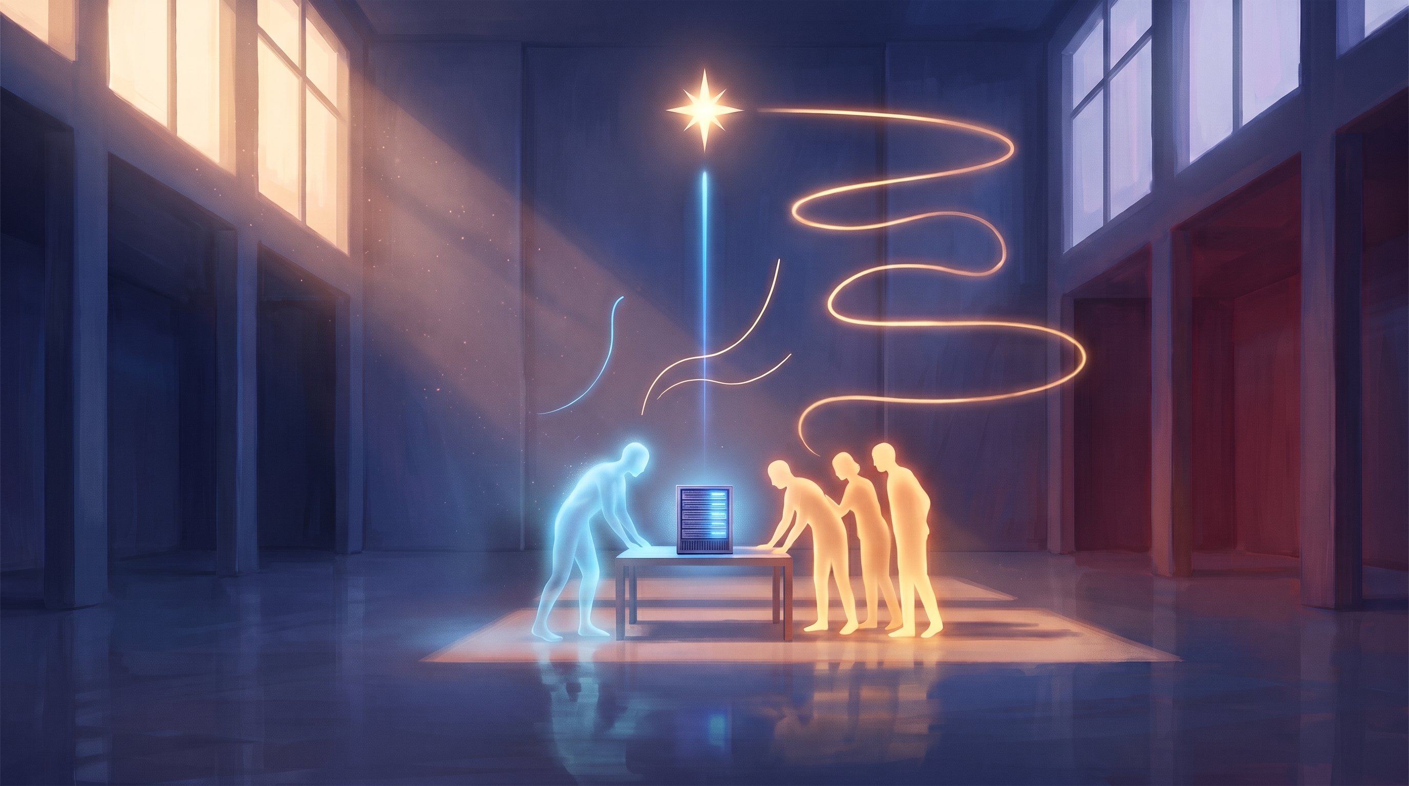 Een doorzichtige blauwe figuur en drie gouden mensensilhouetten buigen over een kleine serverkast op een tafel in een lichte hal; een rechte blauwe lichtstraal en een lange kronkelende gouden lijn lopen naar dezelfde ster.