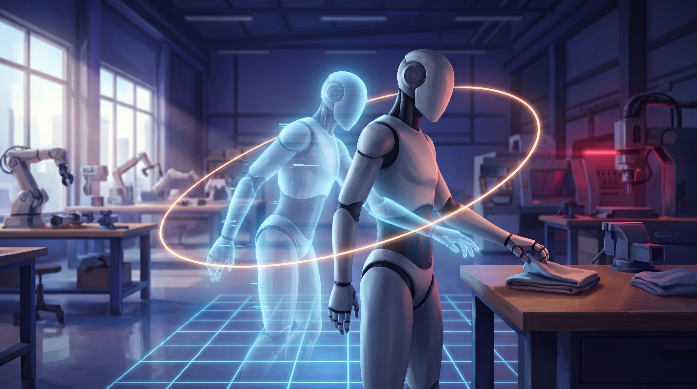 Een witte mensachtige robot pakt in een werkplaats een opgevouwen doek van een tafel; achter hem doet een doorzichtige blauwe kopie op een lichtend raster dezelfde beweging, omringd door een oranje lichtring.
