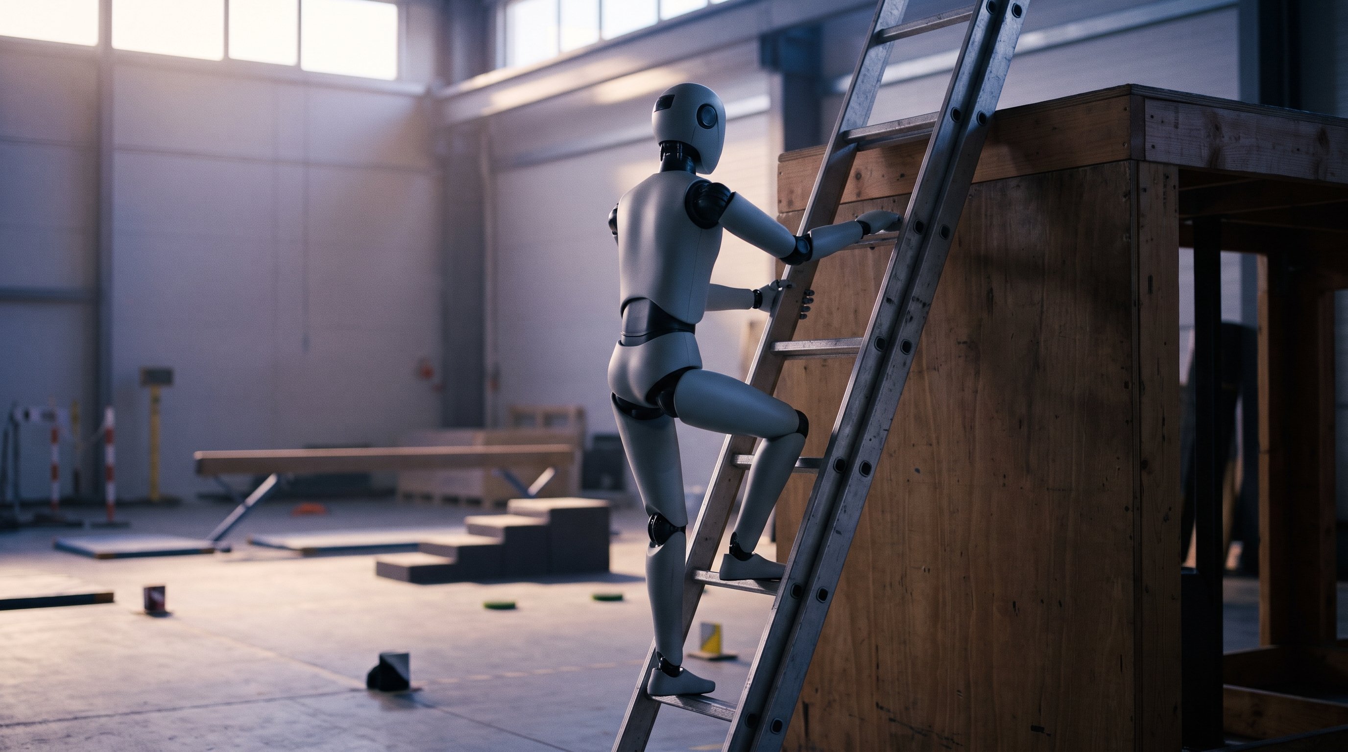 Grijze mensachtige robot, van achteren gezien, klimt een aluminium ladder op die tegen een hoog houten platform staat. Op de achtergrond een testhal met een balk en traptreden.