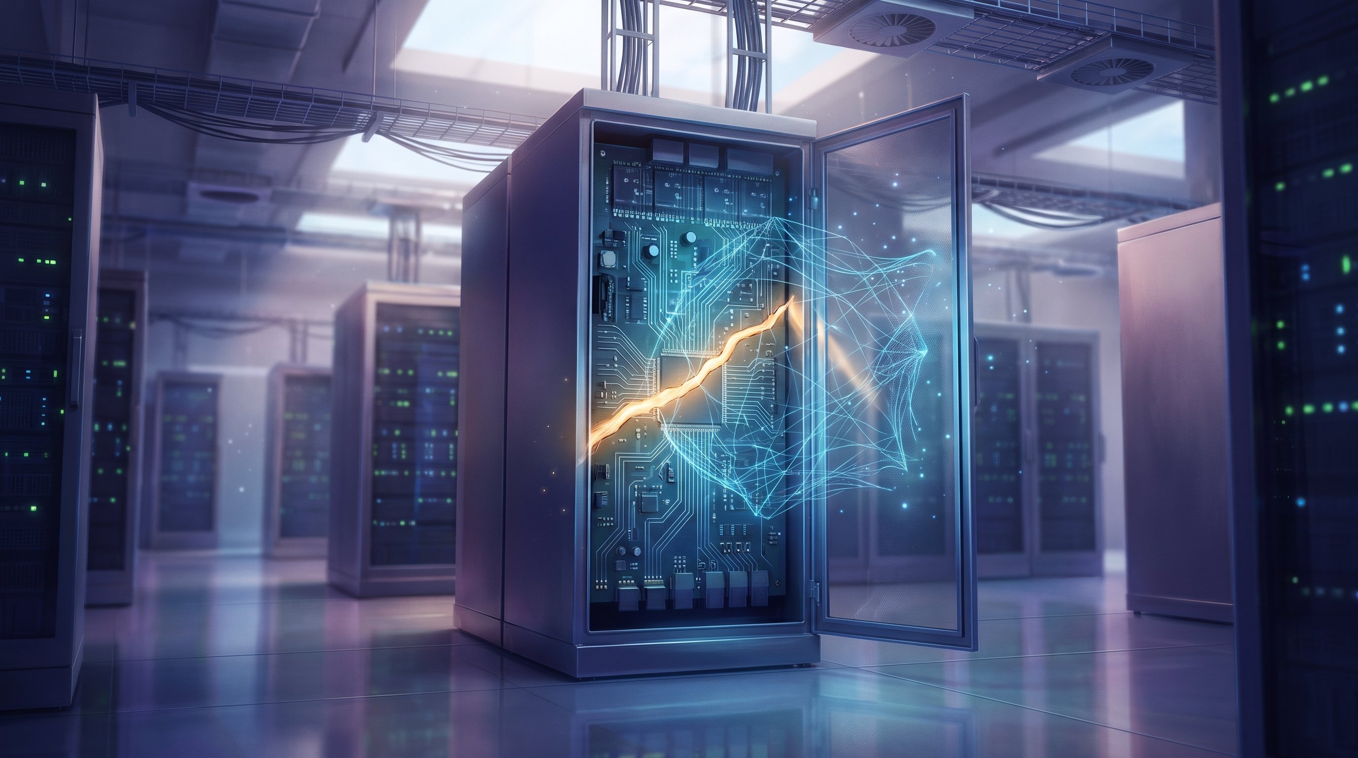 Open serverkast in een lichte serverruimte; over de printplaat loopt een gouden gloeiende scheur, gevolgd door een web van fijne blauwe lichtlijnen. Op de achtergrond rijen serverkasten met groene lampjes.