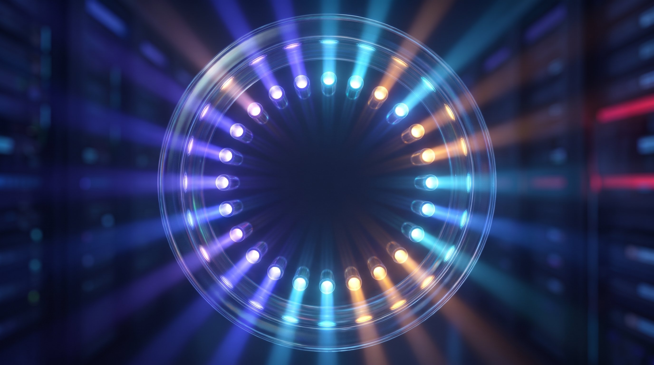 Het uiteinde van een glazen vezel met een ring van 24 gloeiende kernen in blauw, paars en oranje, met lichtstralen naar buiten tegen een vage achtergrond van serverkasten.