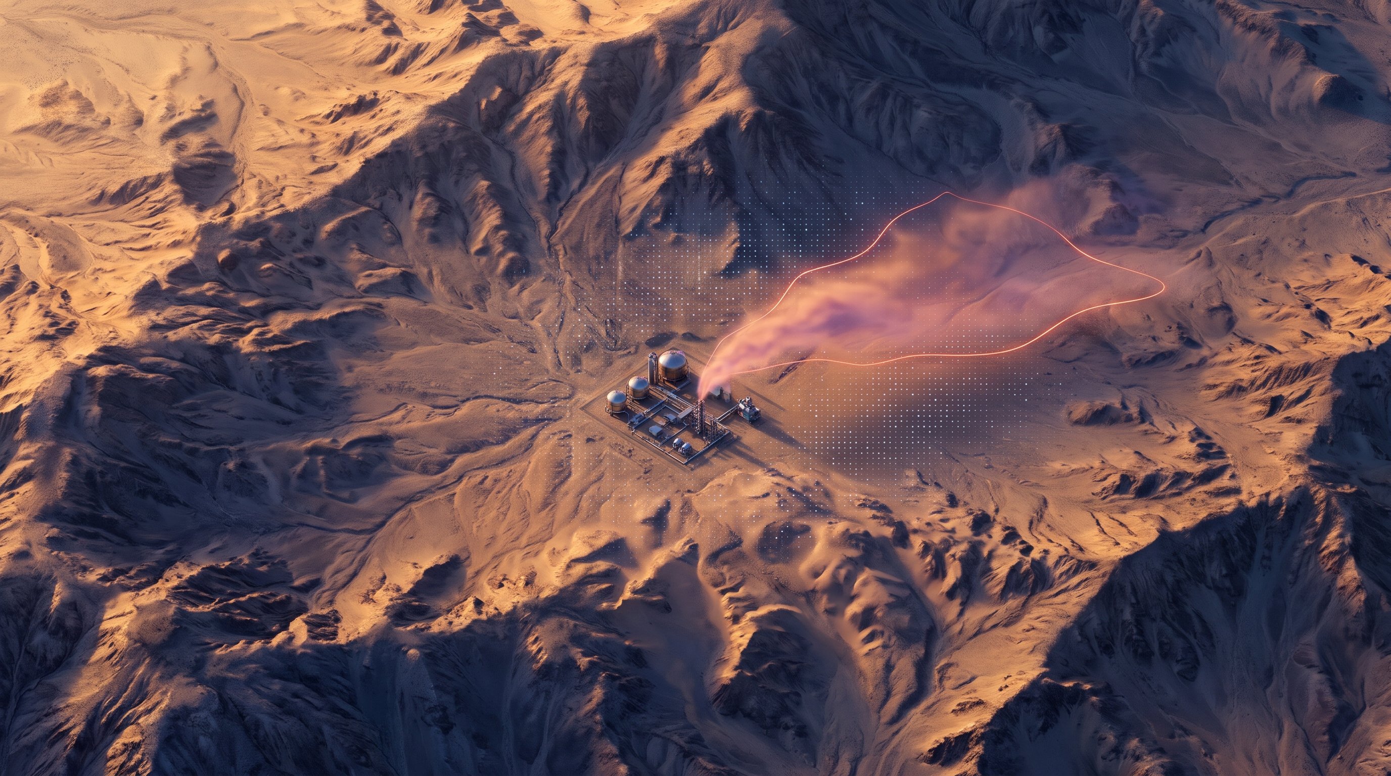 Luchtbeeld van een woestijn met een kleine gasinstallatie met opslagtanks, waaruit een roze-oranje gaswolk met de wind wegwaait; een lichtende lijn omlijnt de wolk boven een raster van lichtpuntjes.