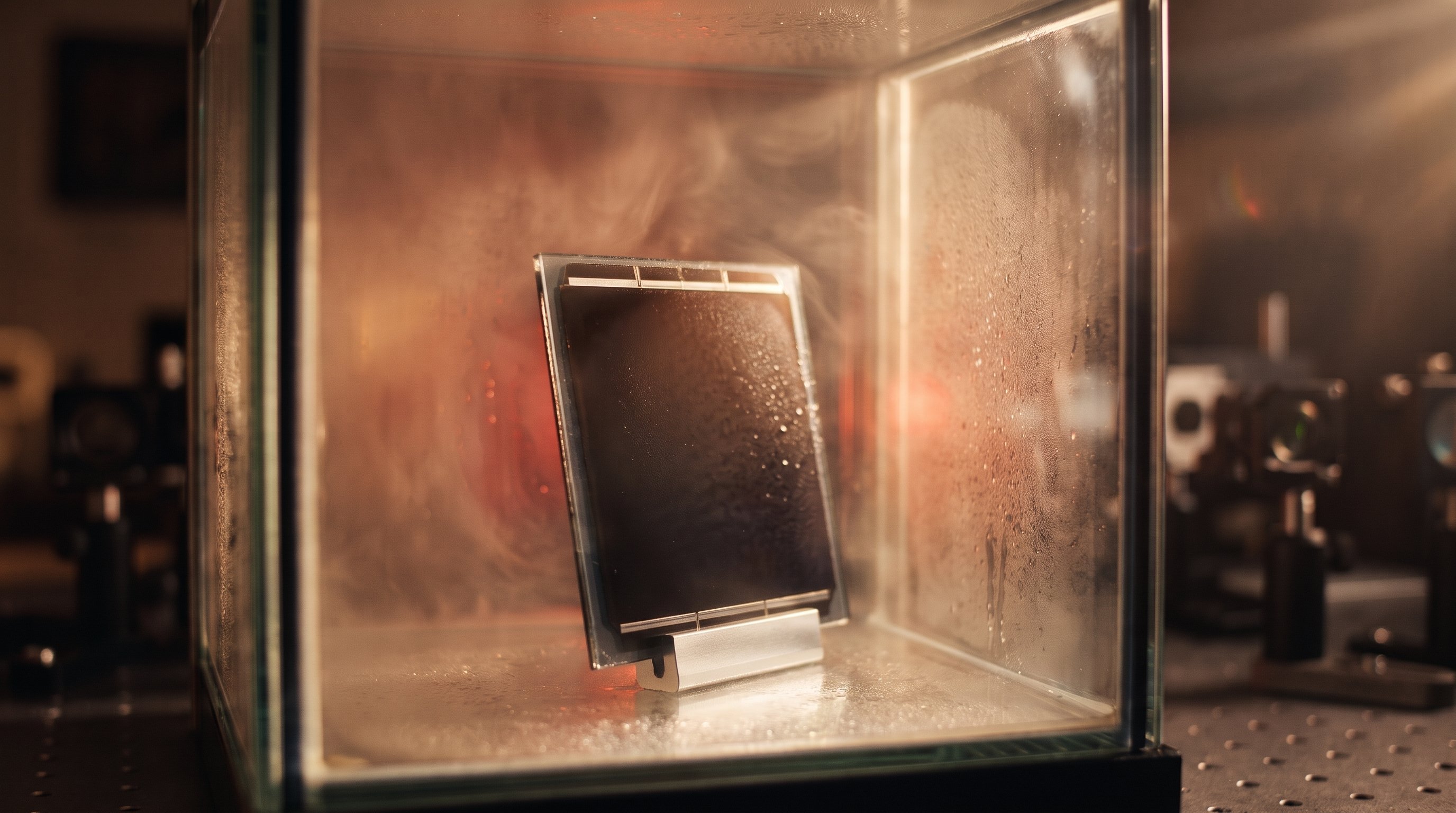Een donkerbruine, bijna zwarte zonnecel op glas met zilveren contactstrips staat rechtop in een glazen testkamer vol warme, vochtige lucht en condensdruppels.