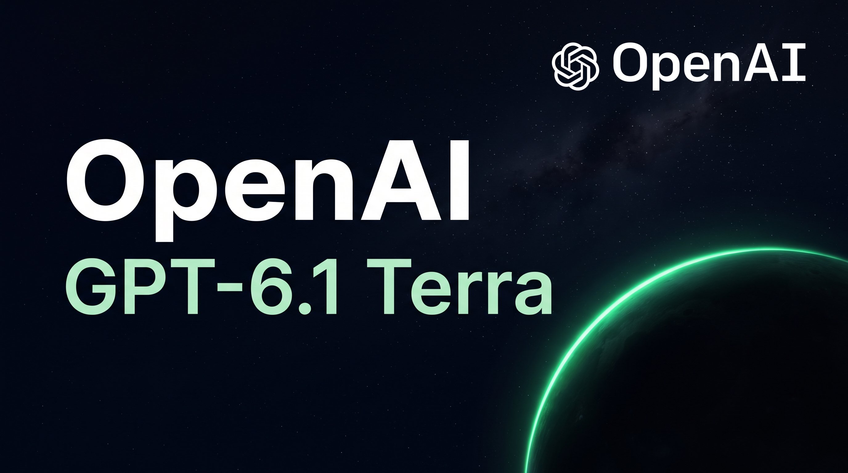 Titelkaart met in grote witte letters OpenAI en daaronder in lichtgroen GPT-6.1 Terra, tegen een sterrenhemel met een donkere planeet met een groene gloedrand rechtsonder en het OpenAI-logo rechtsboven.
