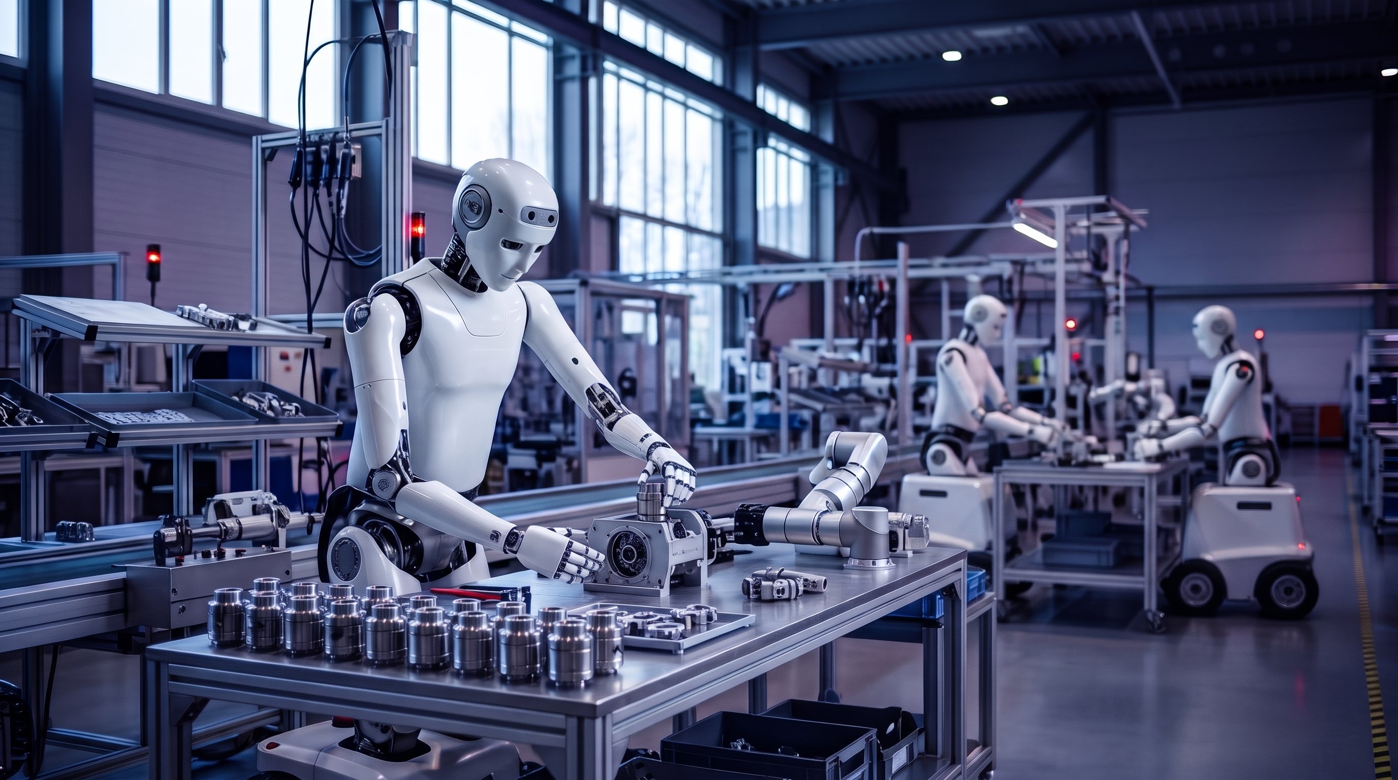 Witte mensachtige robot in een lichte fabriekshal drukt een cilindrisch metalen onderdeel in een behuizing; op de werkbank staan rijen gelijke onderdelen, achterin werken twee robots op wielonderstellen.