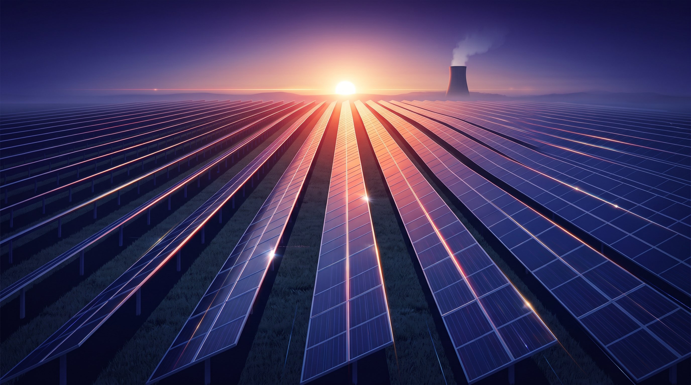 Lange rijen zonnepanelen die zich uitstrekken naar een fel oplichtende horizon bij zonsopgang, met op de achtergrond een koeltoren van een kerncentrale.