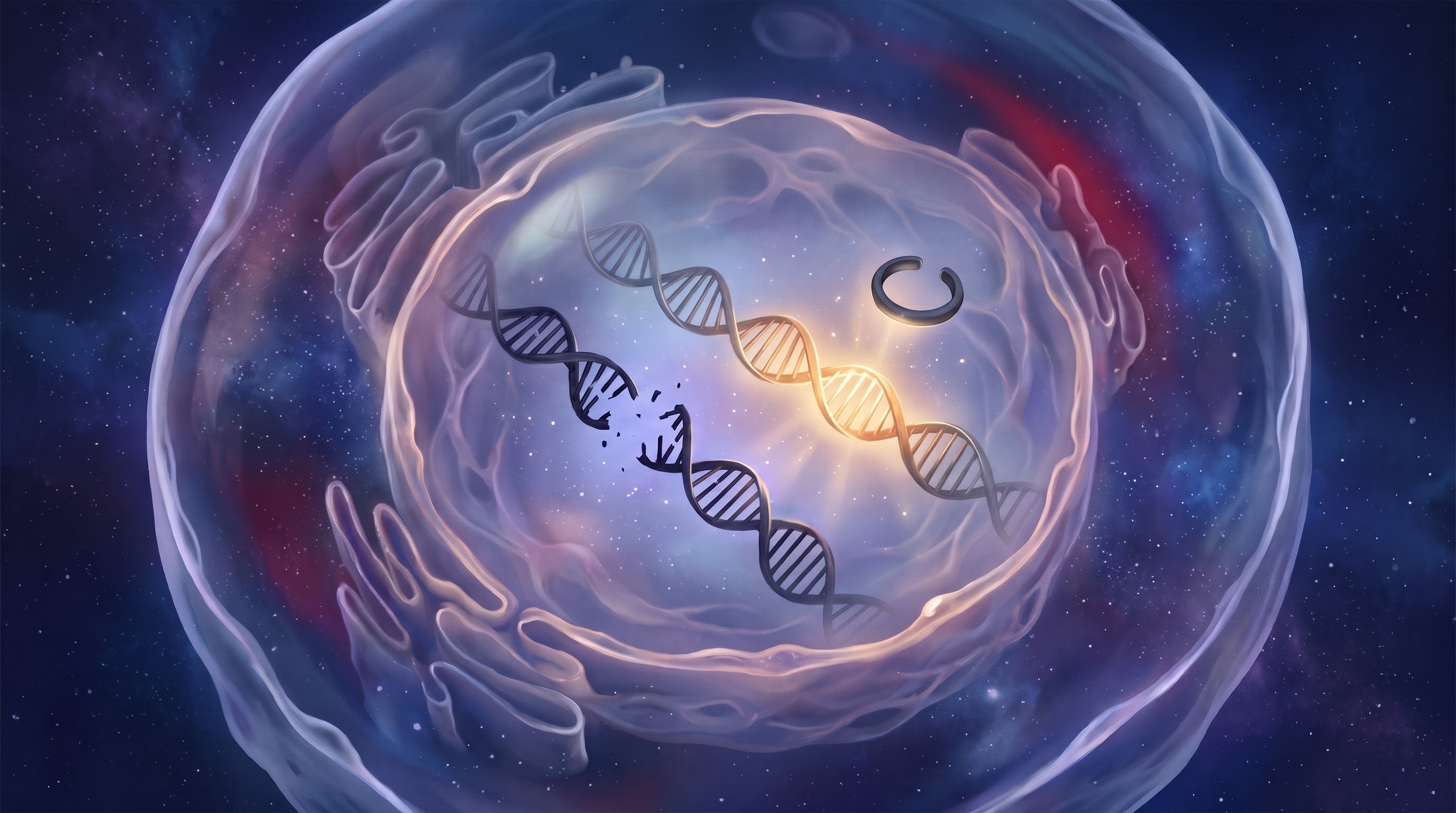 Doorzichtige cel in de ruimte met in de celkern twee DNA-strengen: de linker is in het midden gebroken, de rechter licht in het midden goudkleurig op. Een open grijze ring zweeft weg van de oplichtende streng.