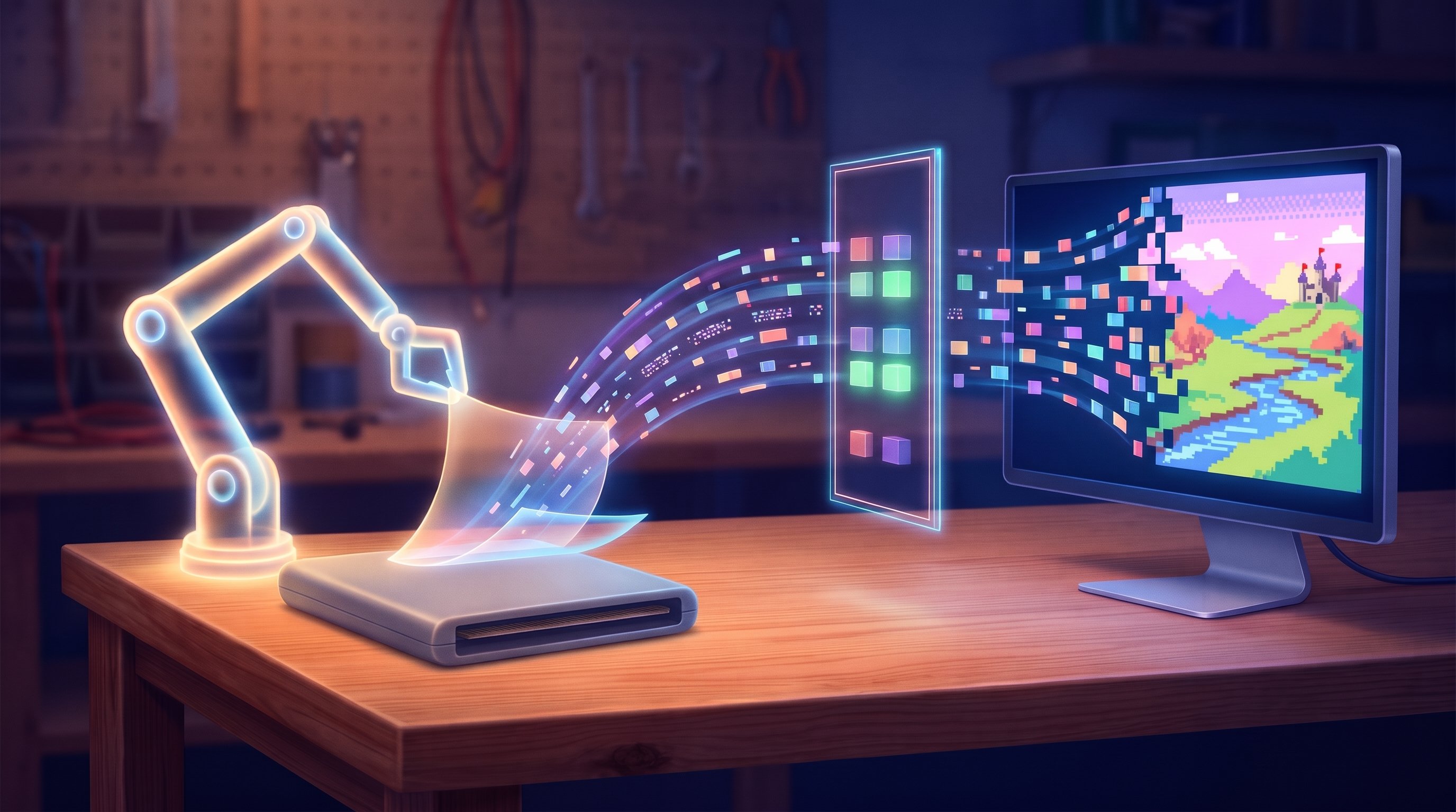 Een robotarm van licht tilt doorzichtige lagen van een grijze spelcassette op een werkbank; kleurige blokjes stromen via een glazen raam, waar ze in paren groen oplichten, naar een monitor met een pixellandschap met rivier en kasteel.