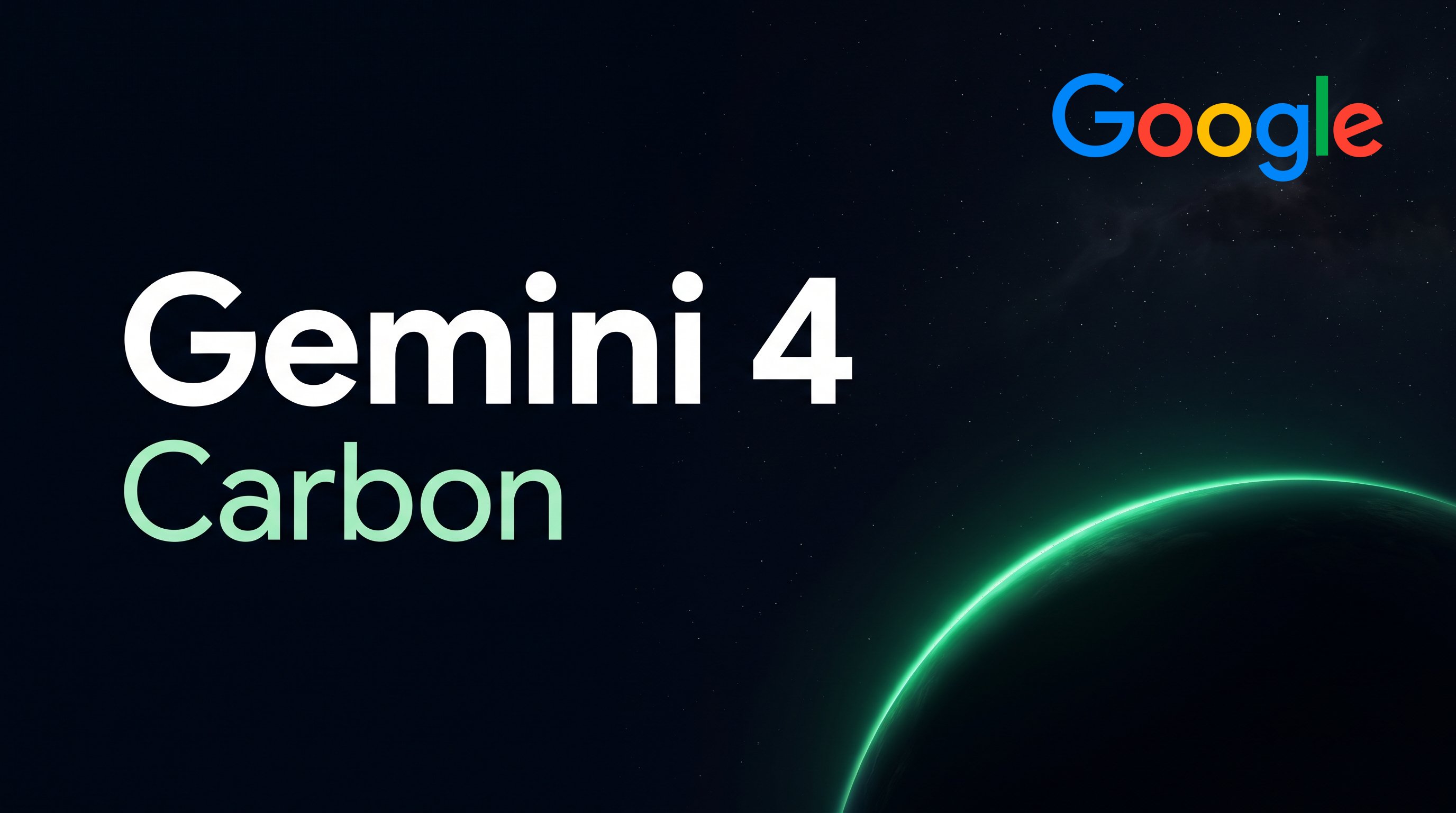 Titelkaart met de woorden Gemini 4 in wit en Carbon in lichtgroen tegen een donkere sterrenhemel, rechtsonder een planeet met een groen gloeiende rand en rechtsboven het Google-logo.