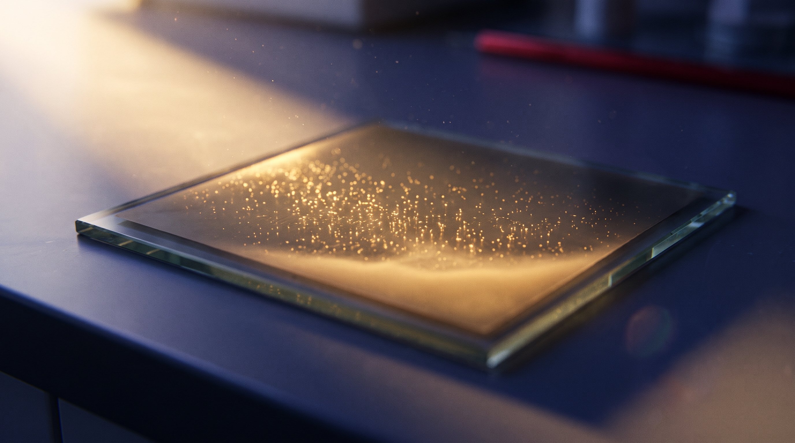 Een vierkant glasplaatje met een dunne donkere laag ligt op een labtafel in warm zonlicht. In de laag schitteren talloze gouden lichtpuntjes boven een zacht gloeiende band van licht.