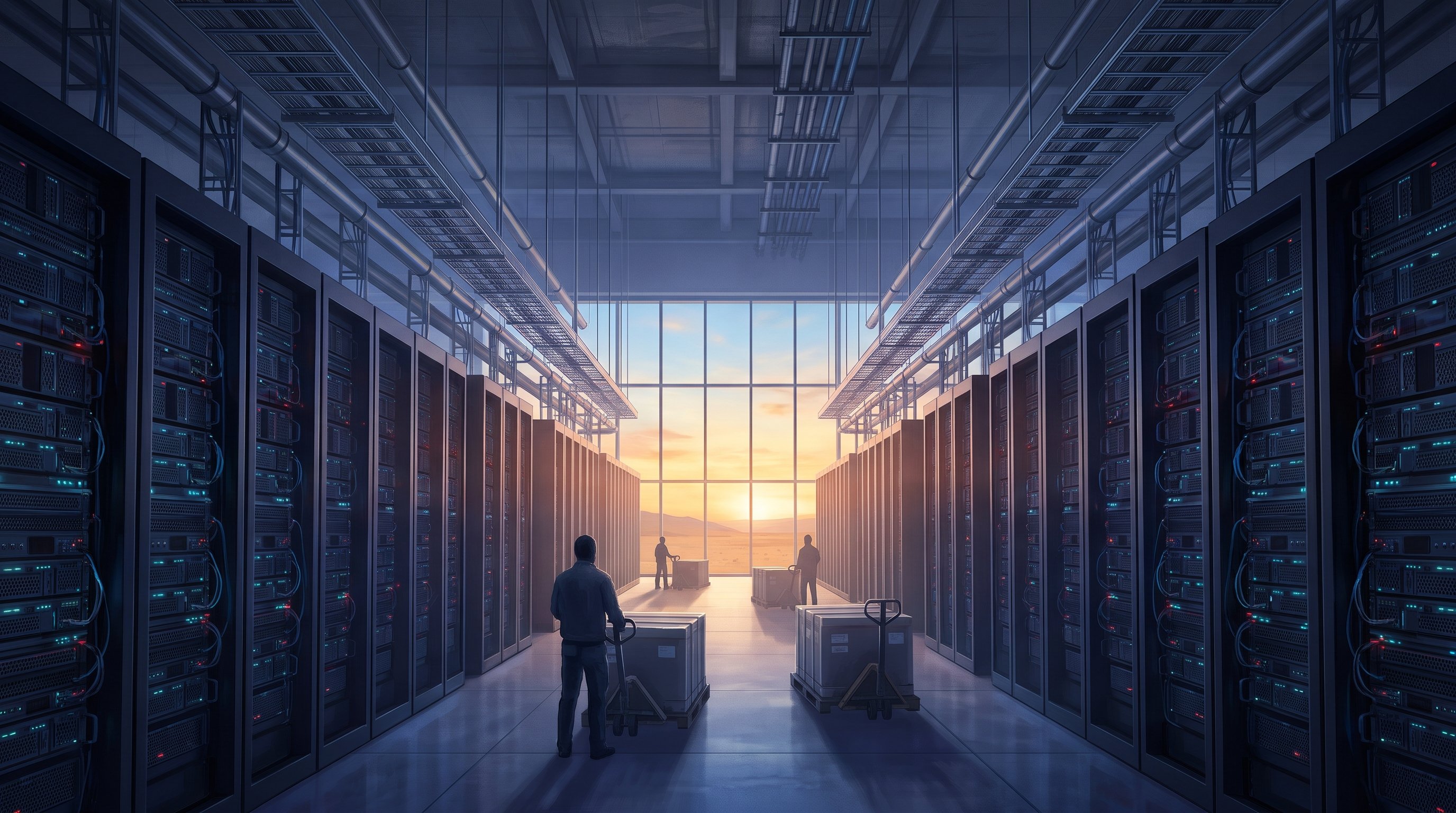 Lange gang tussen rijen zwarte serverkasten met blauwe lampjes in een groot datacenter; medewerkers rijden kratten met nieuwe apparatuur naar binnen, achter een glazen wand komt de zon op boven een woestijn.