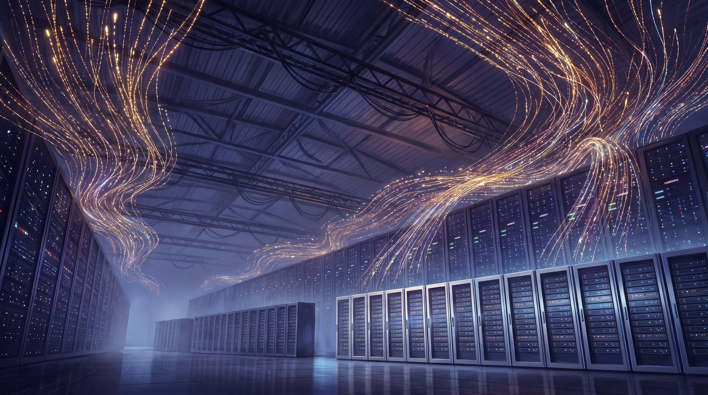 Grote datacenterhal met lange rijen serverkasten vol blauwe lampjes, waarboven duizenden gouden lichtsporen door de hal golven en in de kasten verdwijnen.