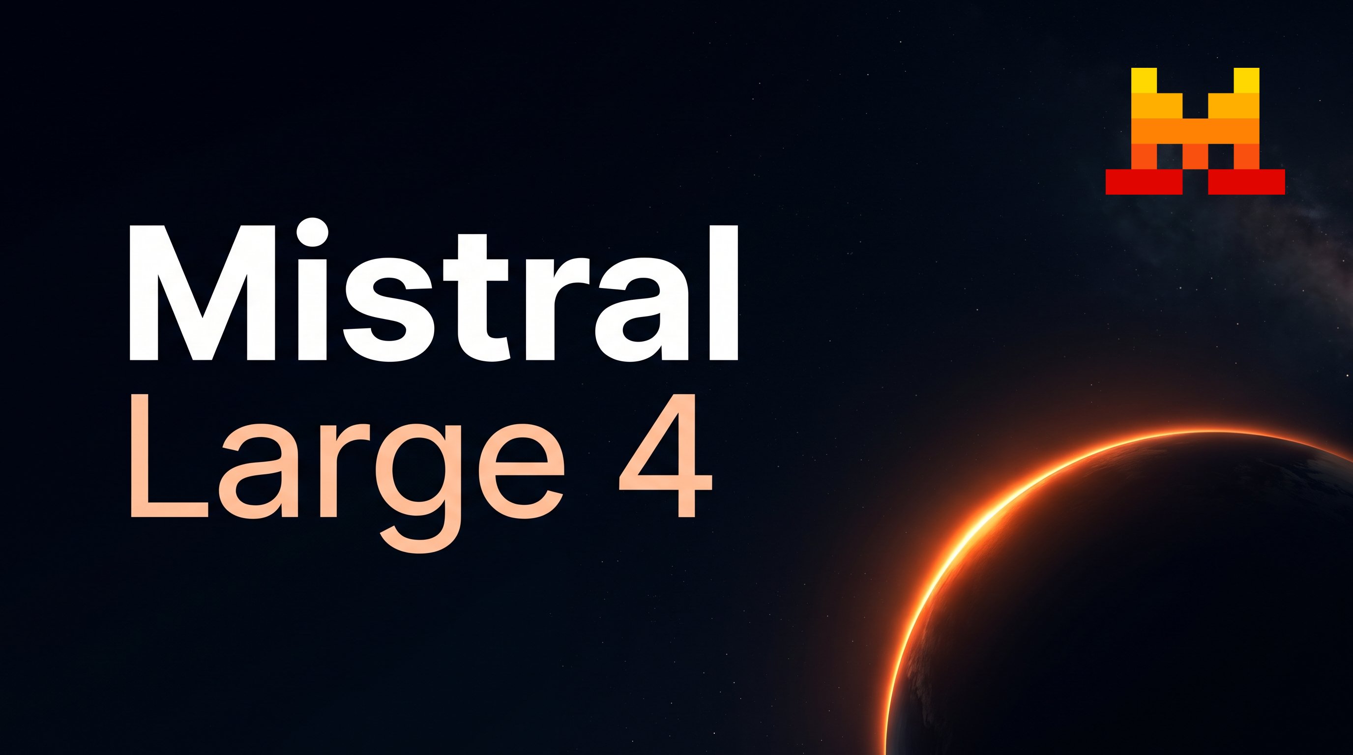 Titelkaart met de woorden Mistral en Large 4 tegen een sterrenhemel, met rechtsonder een donkere planeet met een oranje gloeiende rand en rechtsboven het blokvormige logo van Mistral AI.