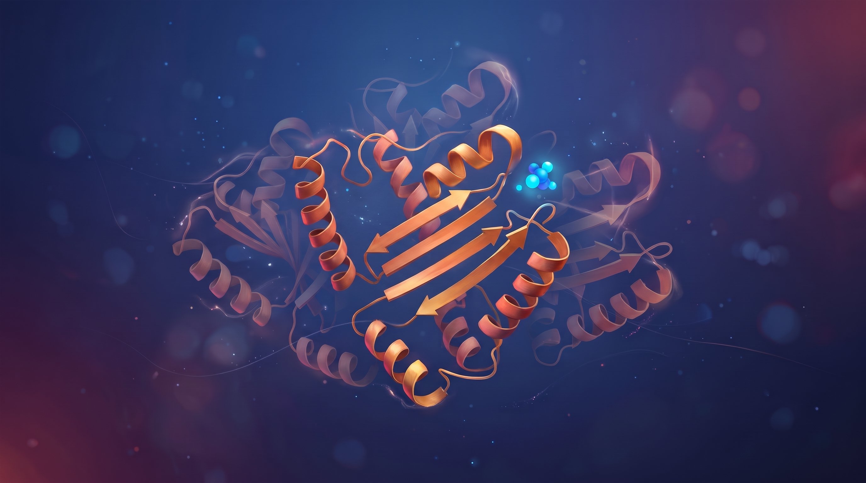 Lintmodel van een oranje eiwit met spiralen en een plaat van vier pijlvormige strengen, omringd door doorzichtige versies in andere houdingen, met een klein blauw molecuul ernaast op een donkerblauwe achtergrond.