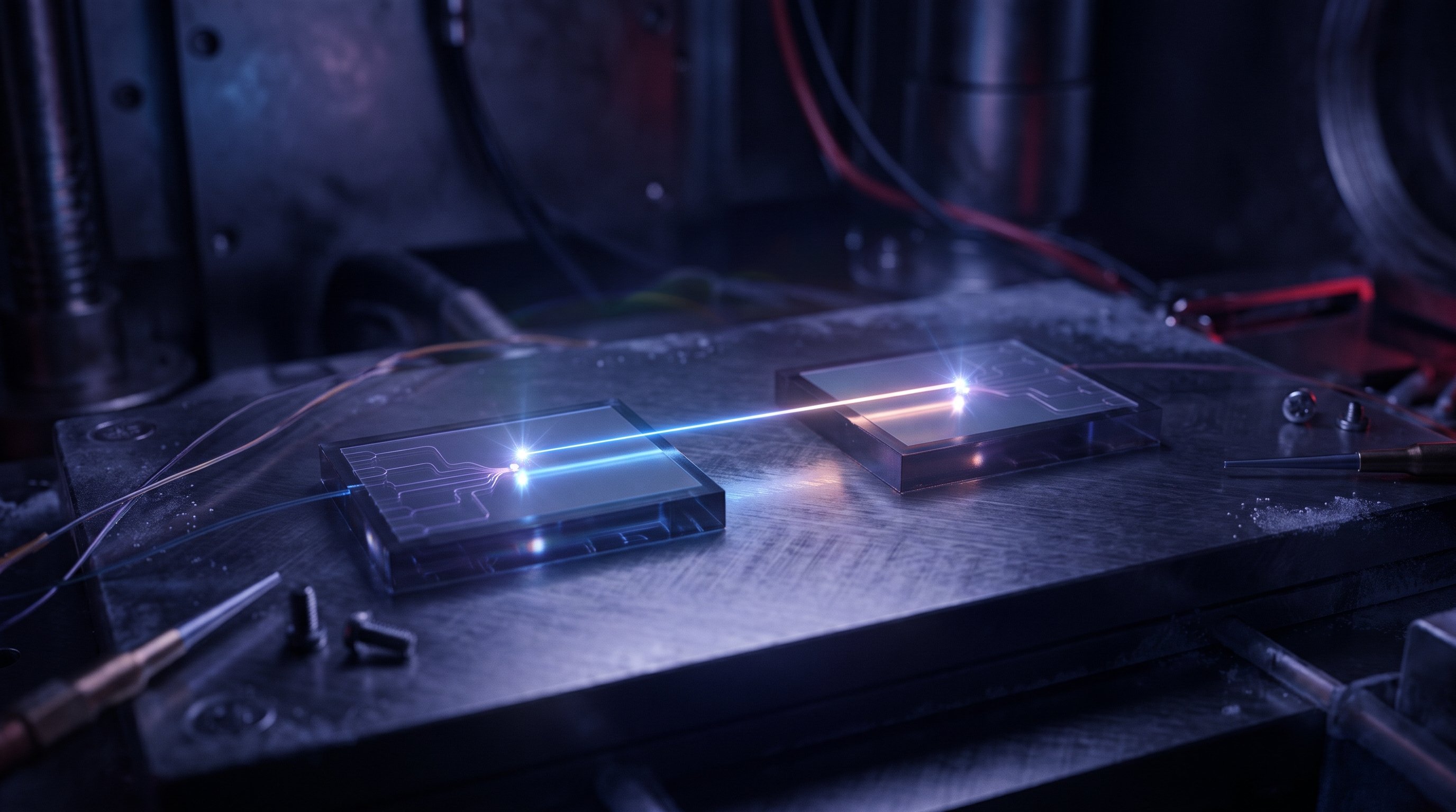 Twee kleine doorzichtige chips met fijne lichtkanalen op een donkere metalen plaat in een lab, verbonden door één dunne gloeiende lichtstraal tussen twee heldere lichtpuntjes.