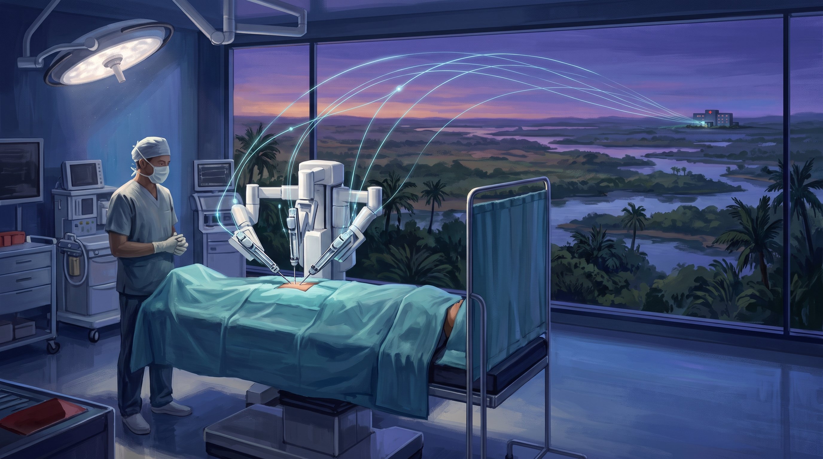 Operatiekamer met een witte robot met drie armen boven een afgedekte patiënt; een chirurg met mondkapje kijkt toe en lichtlijnen lopen door het raam naar een ver ziekenhuis aan de horizon.