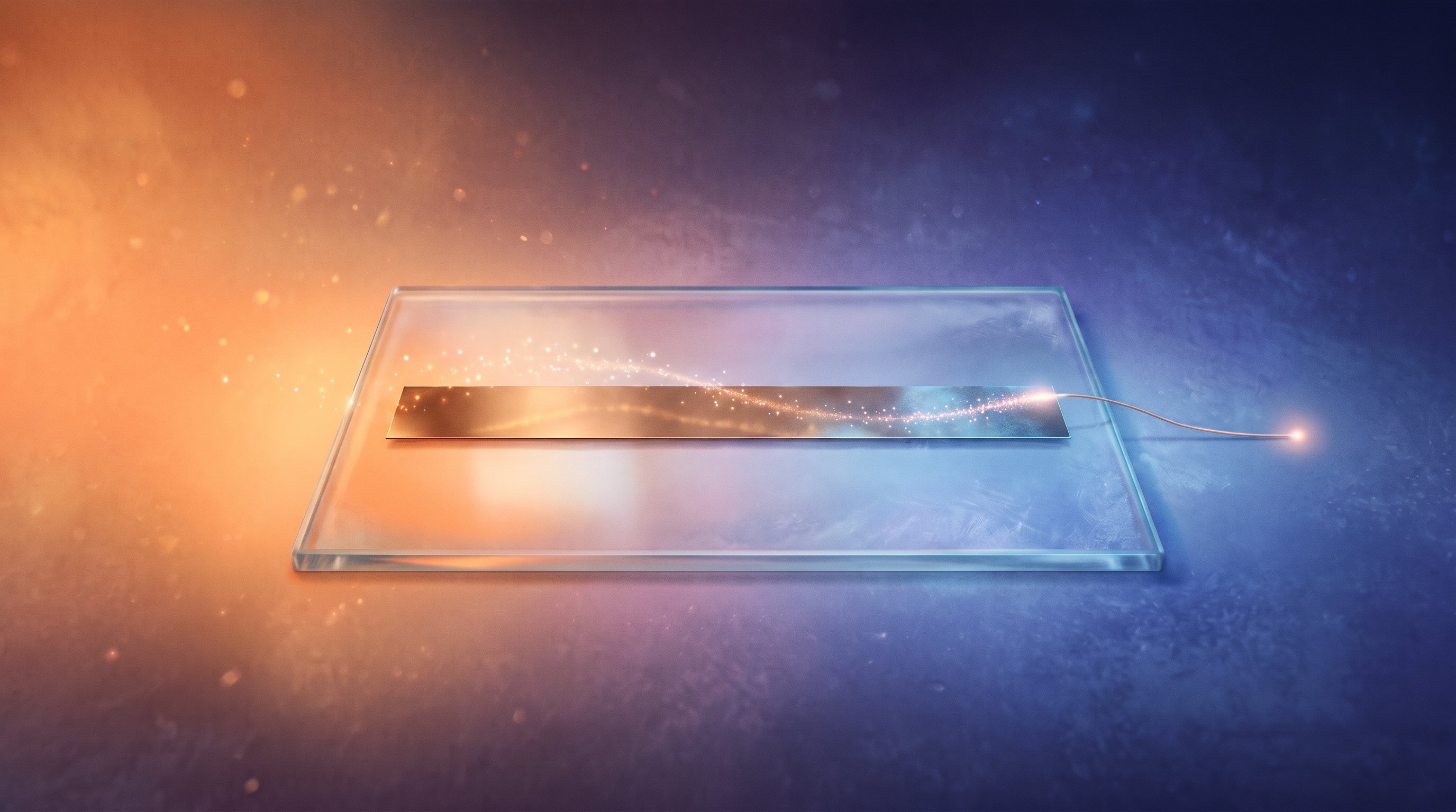 Een dun bronskleurig strookje ligt vlak op een glasplaatje tussen een warme oranje en een koele blauwe kant; lichtdeeltjes stromen erlangs naar een draadje dat een lichtpuntje laat gloeien.